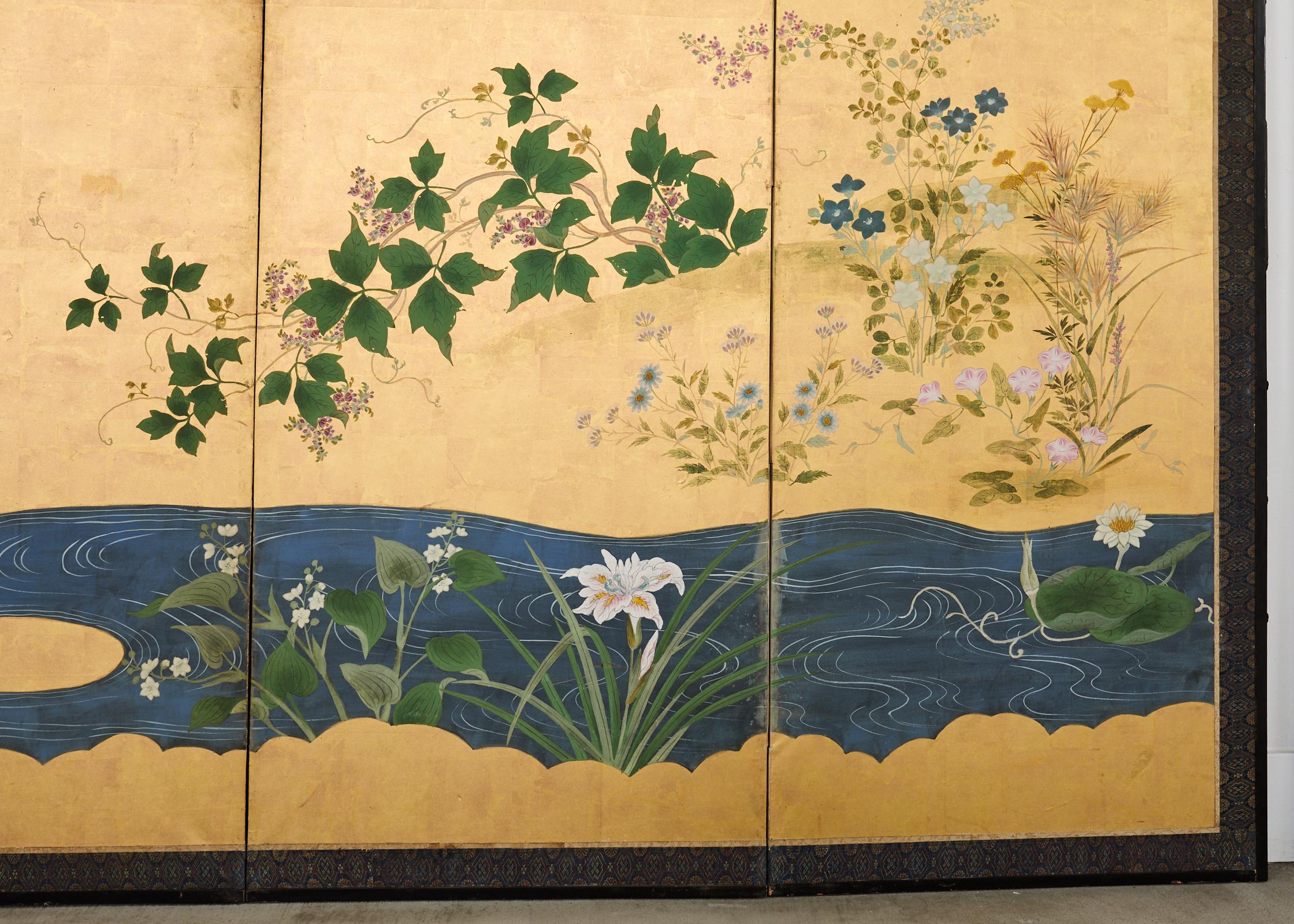 Pair of Japanese Meiji Screens Blossoms of Spring, Summer and Autumn For Sale 3