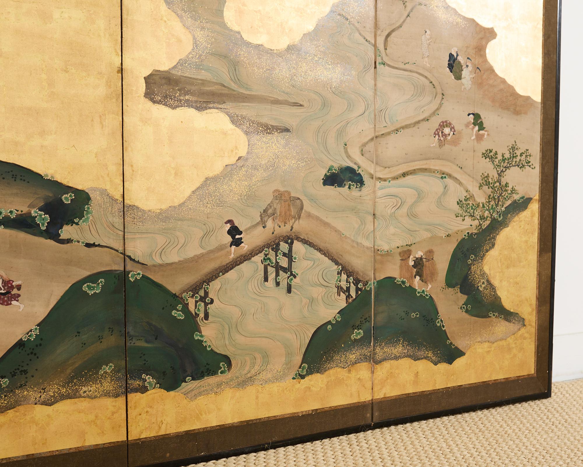 Pair of Japanese Meiji Screens Country Village Landscape 4