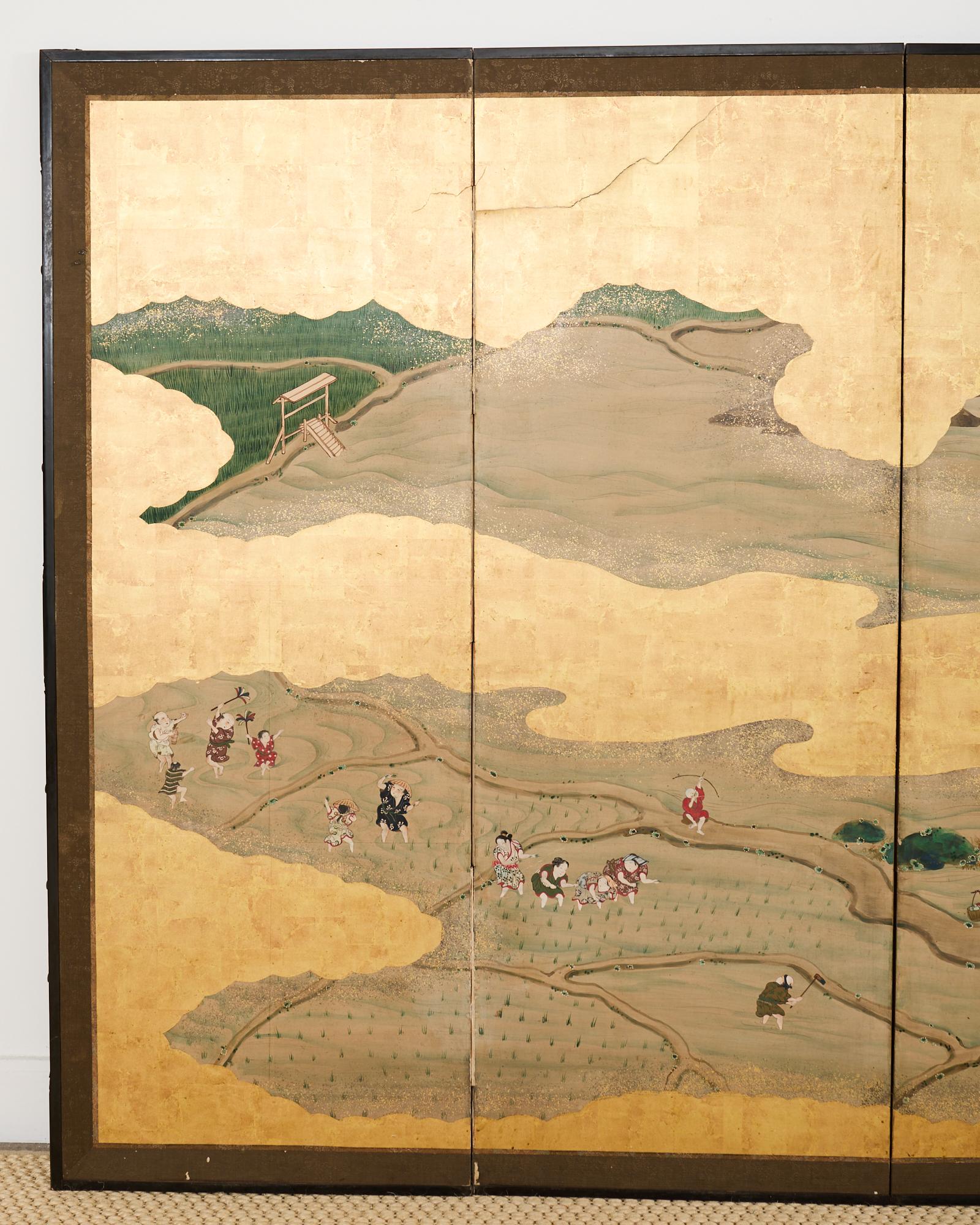 Pair of Japanese Meiji Screens Country Village Landscape 6
