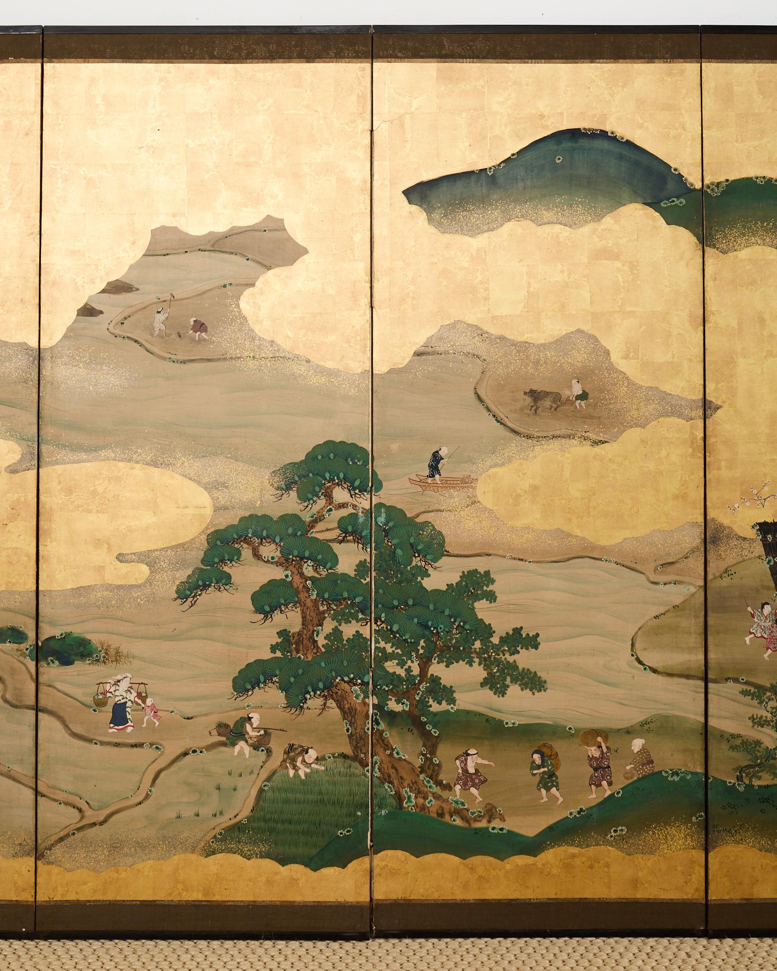 Pair of Japanese Meiji Screens Country Village Landscape 7