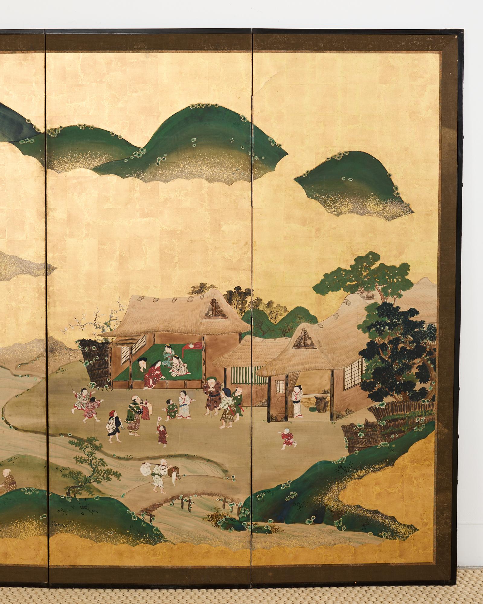 Pair of Japanese Meiji Screens Country Village Landscape 8
