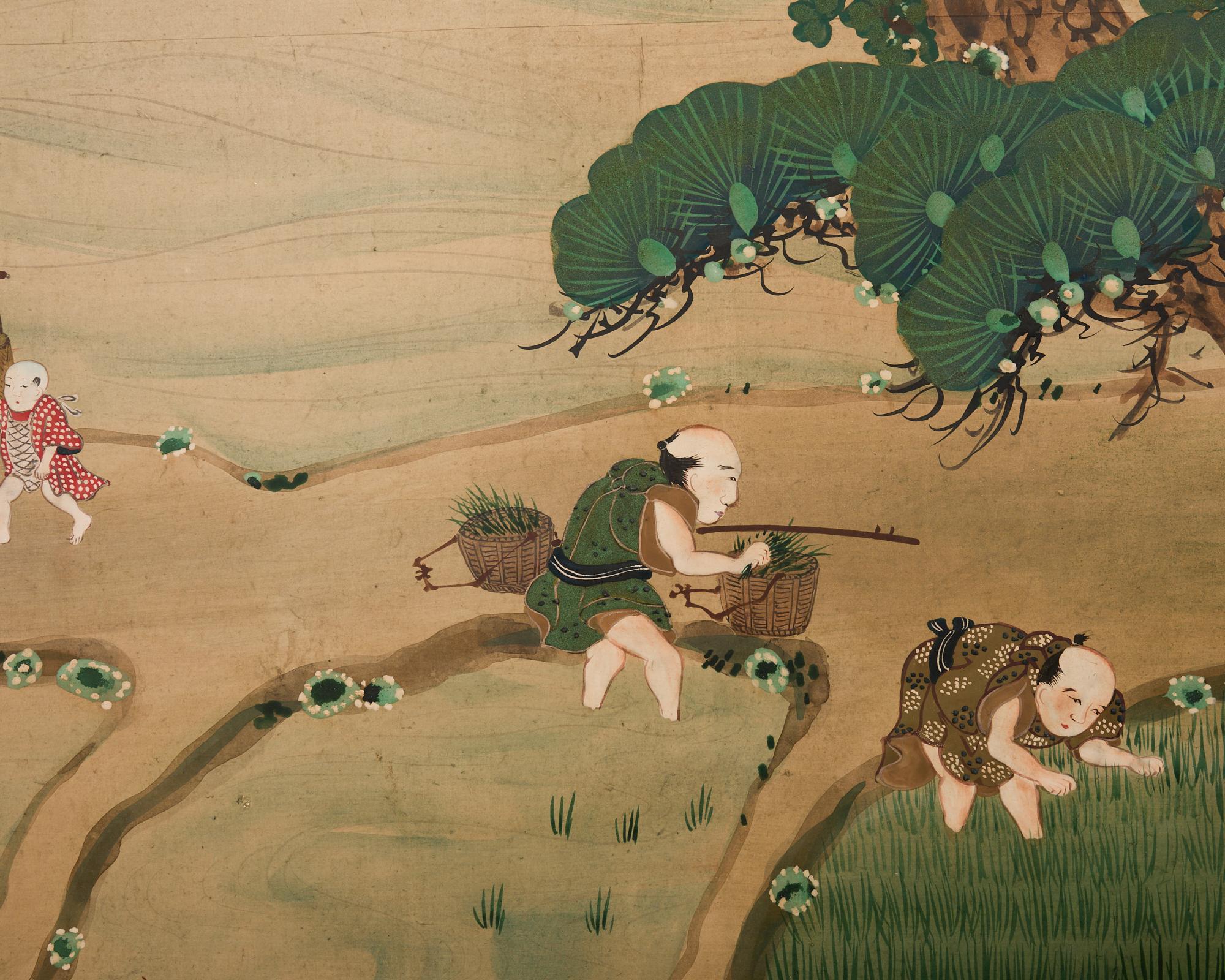 Pair of Japanese Meiji Screens Country Village Landscape 9