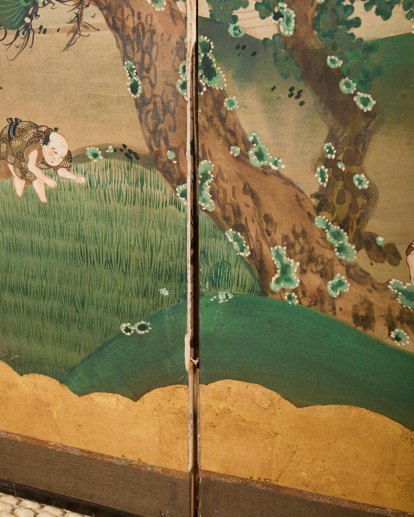 Pair of Japanese Meiji Screens Country Village Landscape 10