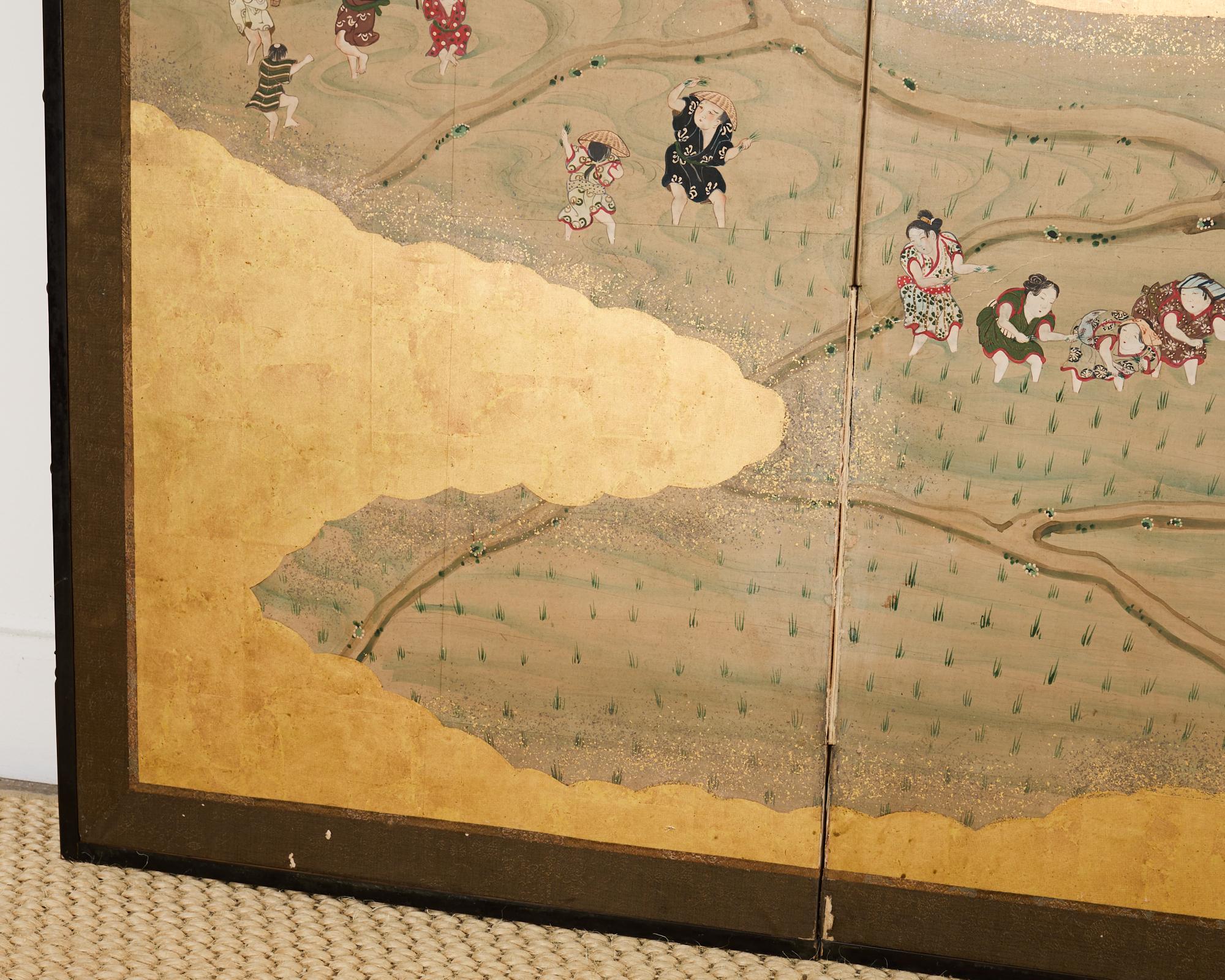 Pair of Japanese Meiji Screens Country Village Landscape 12