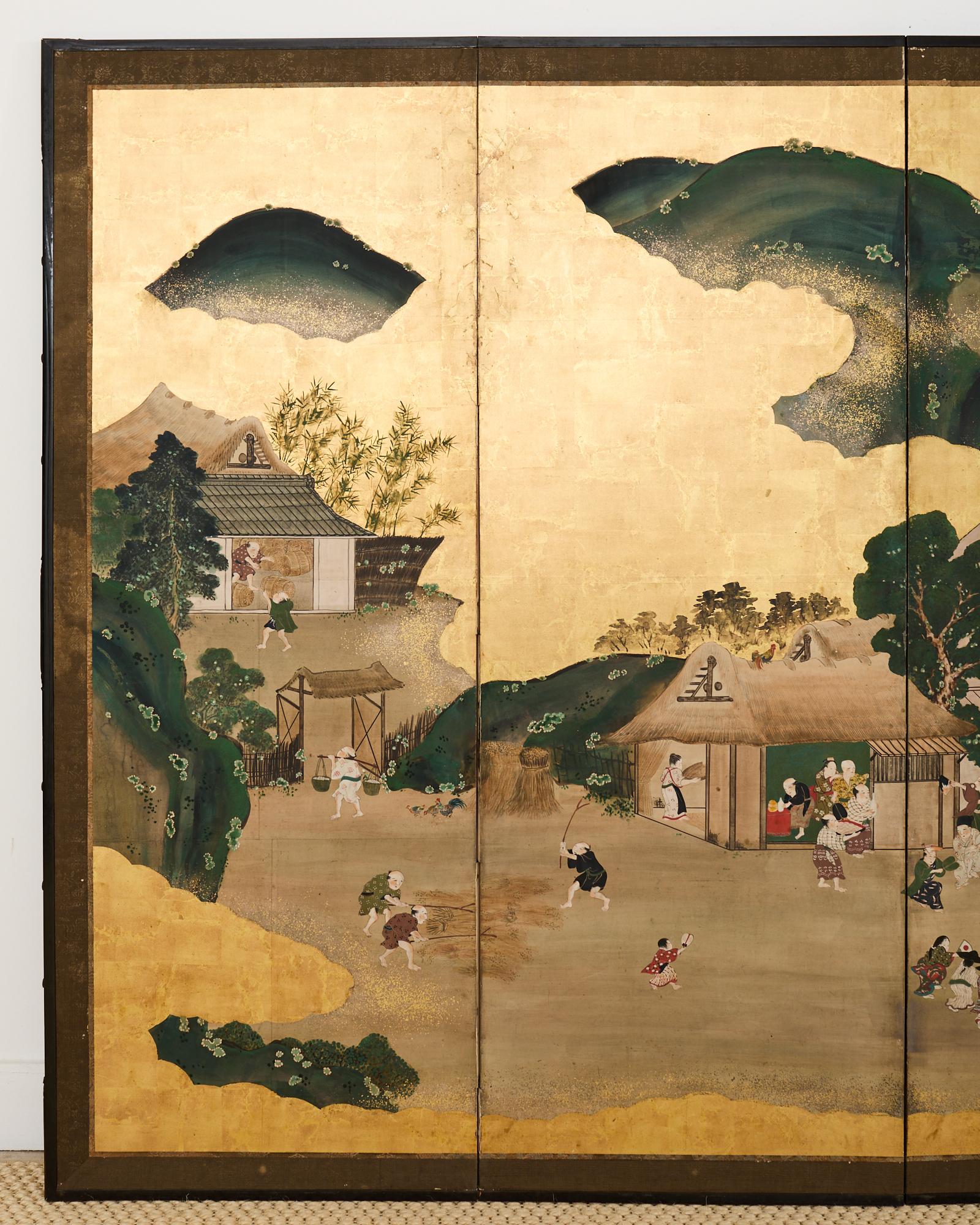 Pair of Japanese Meiji Screens Country Village Landscape In Good Condition In Rio Vista, CA