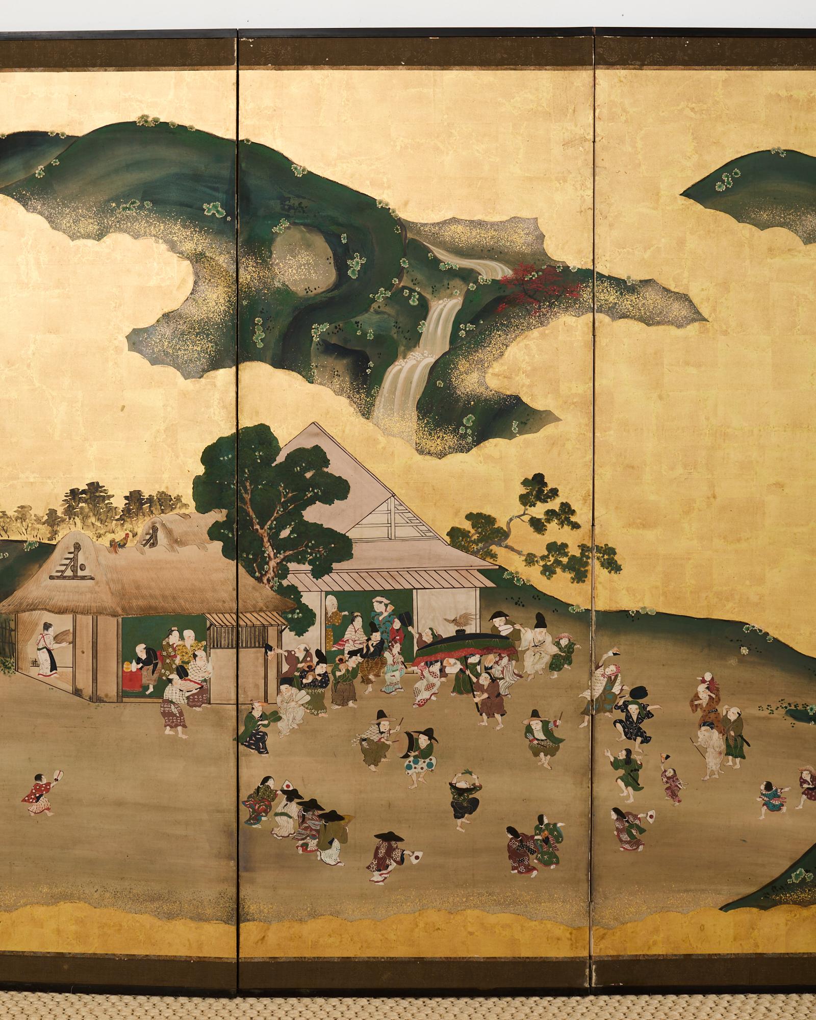 19th Century Pair of Japanese Meiji Screens Country Village Landscape