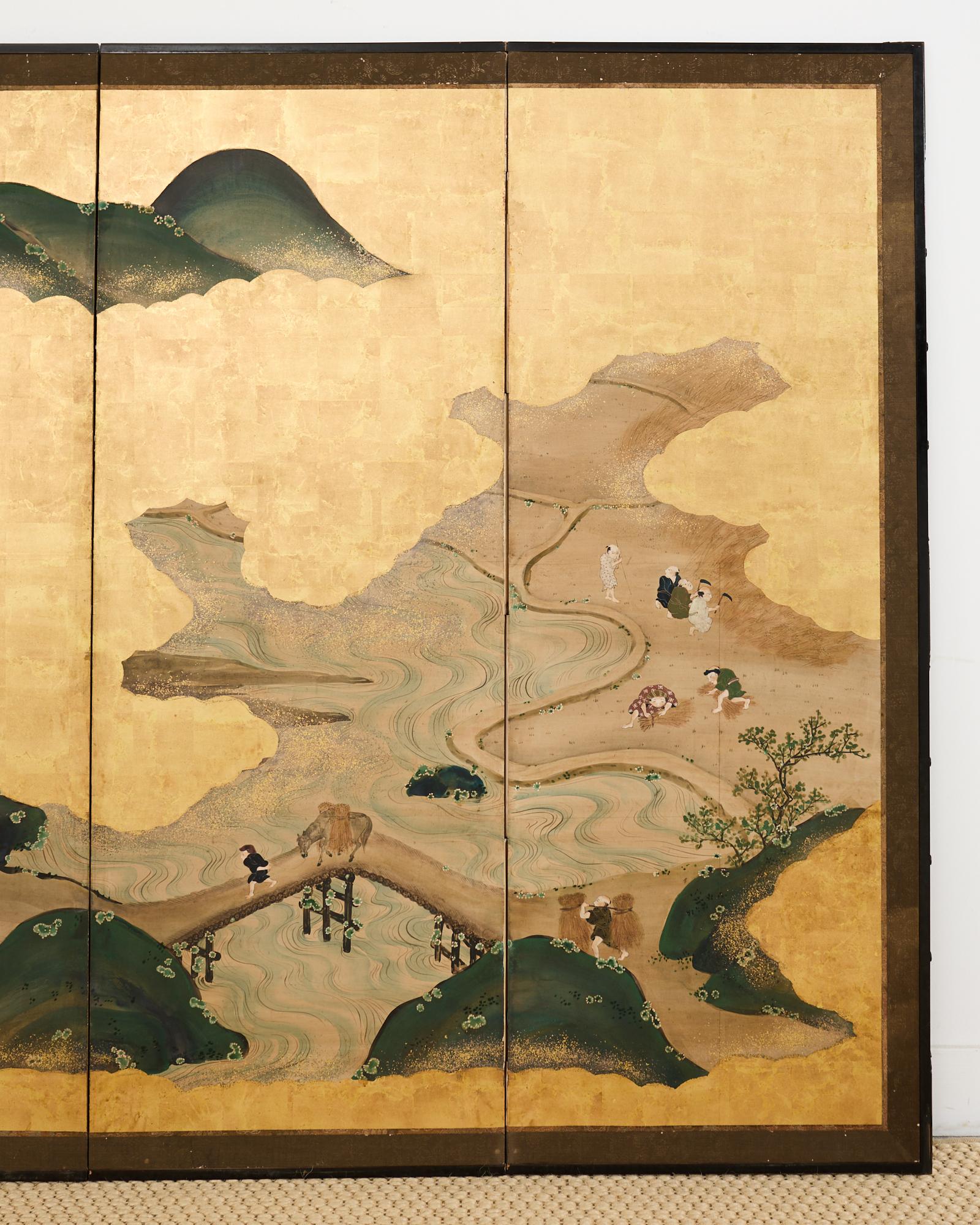 Brass Pair of Japanese Meiji Screens Country Village Landscape