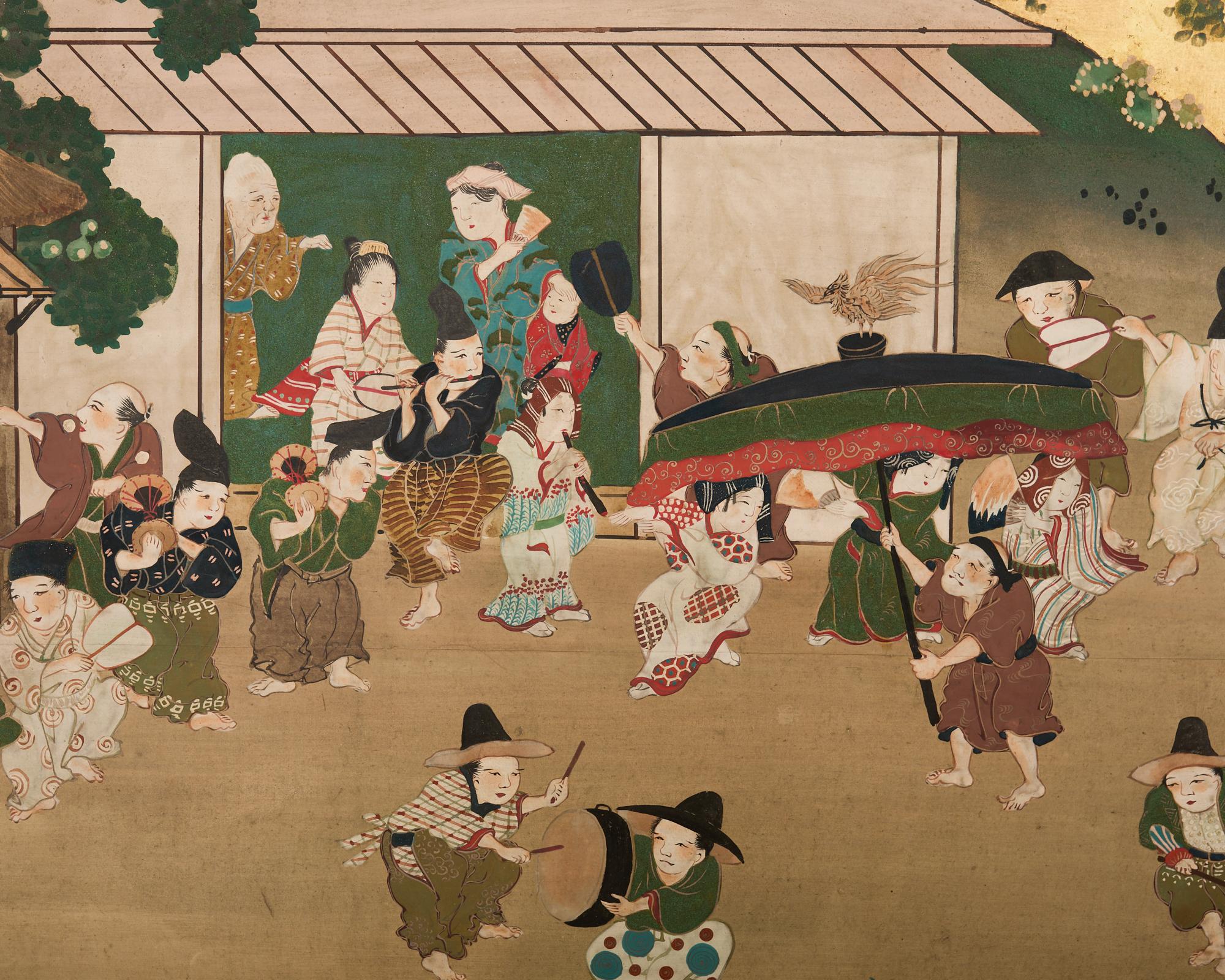 Pair of Japanese Meiji Screens Country Village Landscape 1