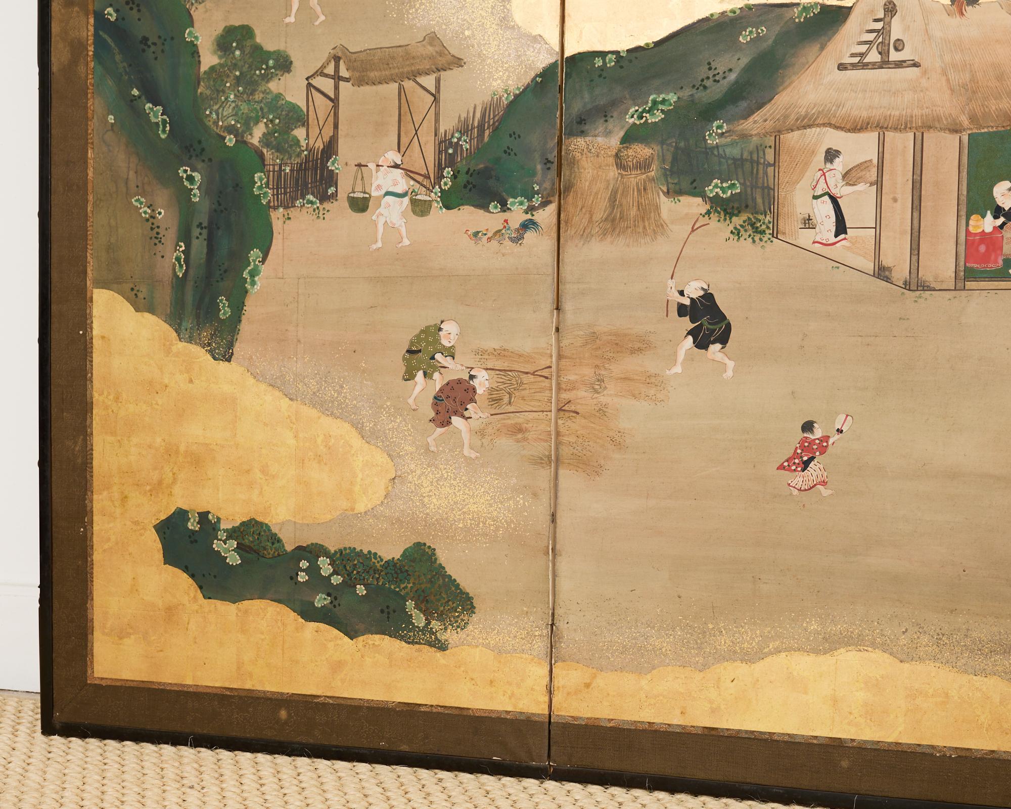 Pair of Japanese Meiji Screens Country Village Landscape 3
