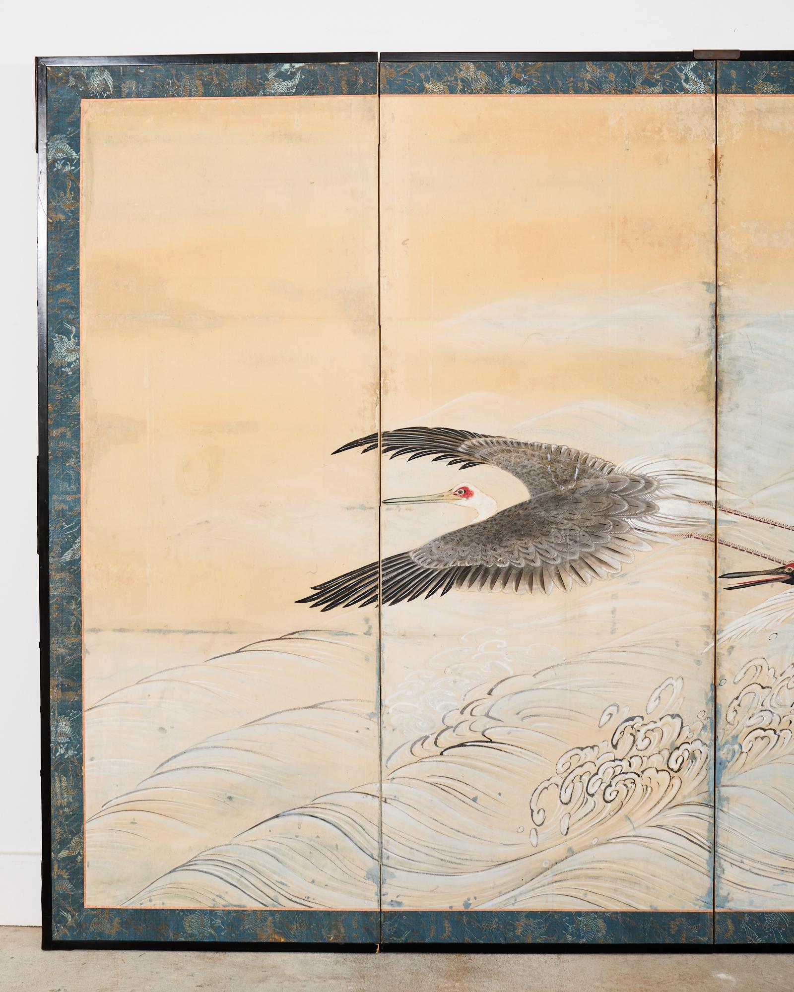 Pair of Japanese Meiji Six Panel Screen Cranes Above Cresting Waves For Sale 8