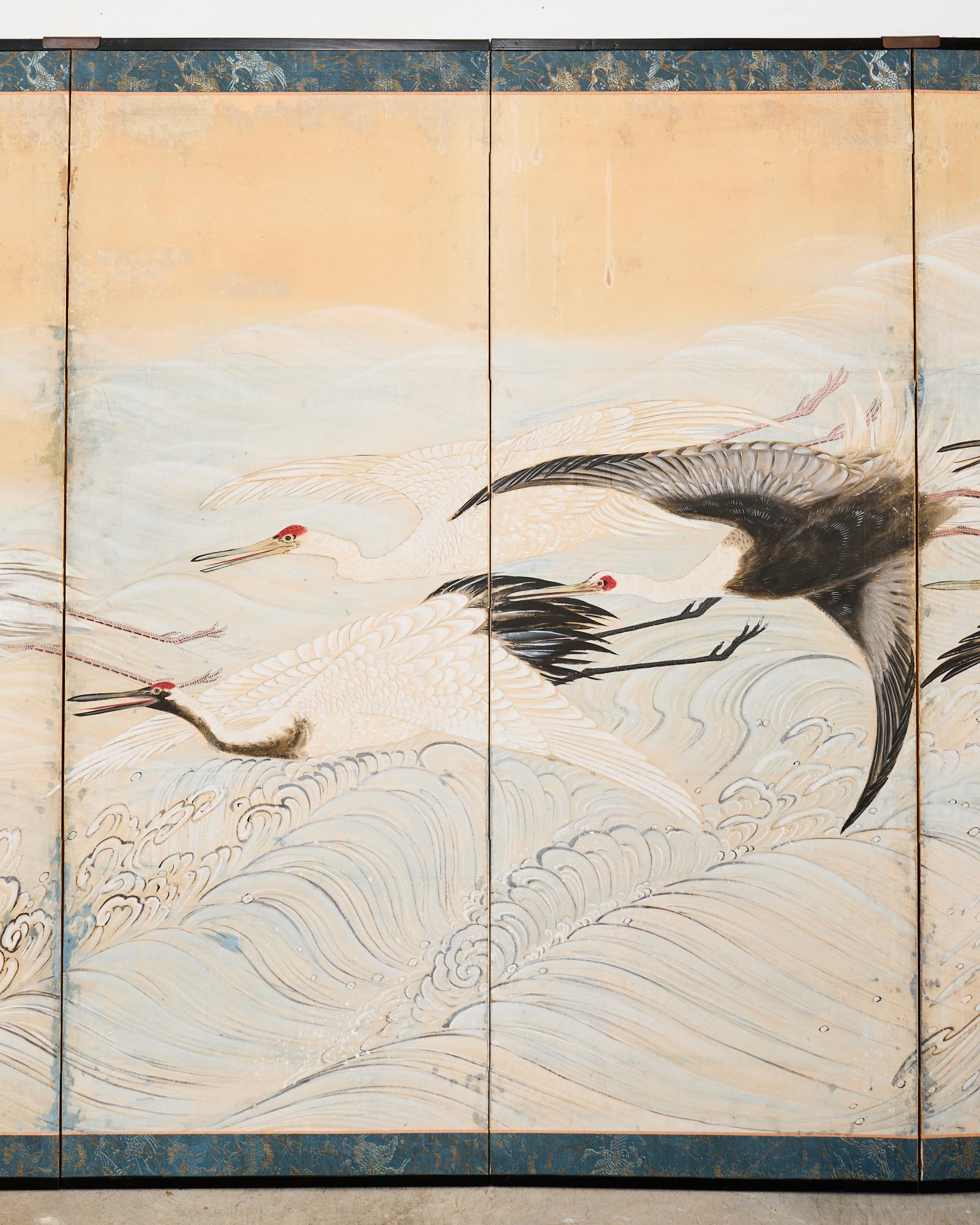 Pair of Japanese Meiji Six Panel Screen Cranes Above Cresting Waves For Sale 9