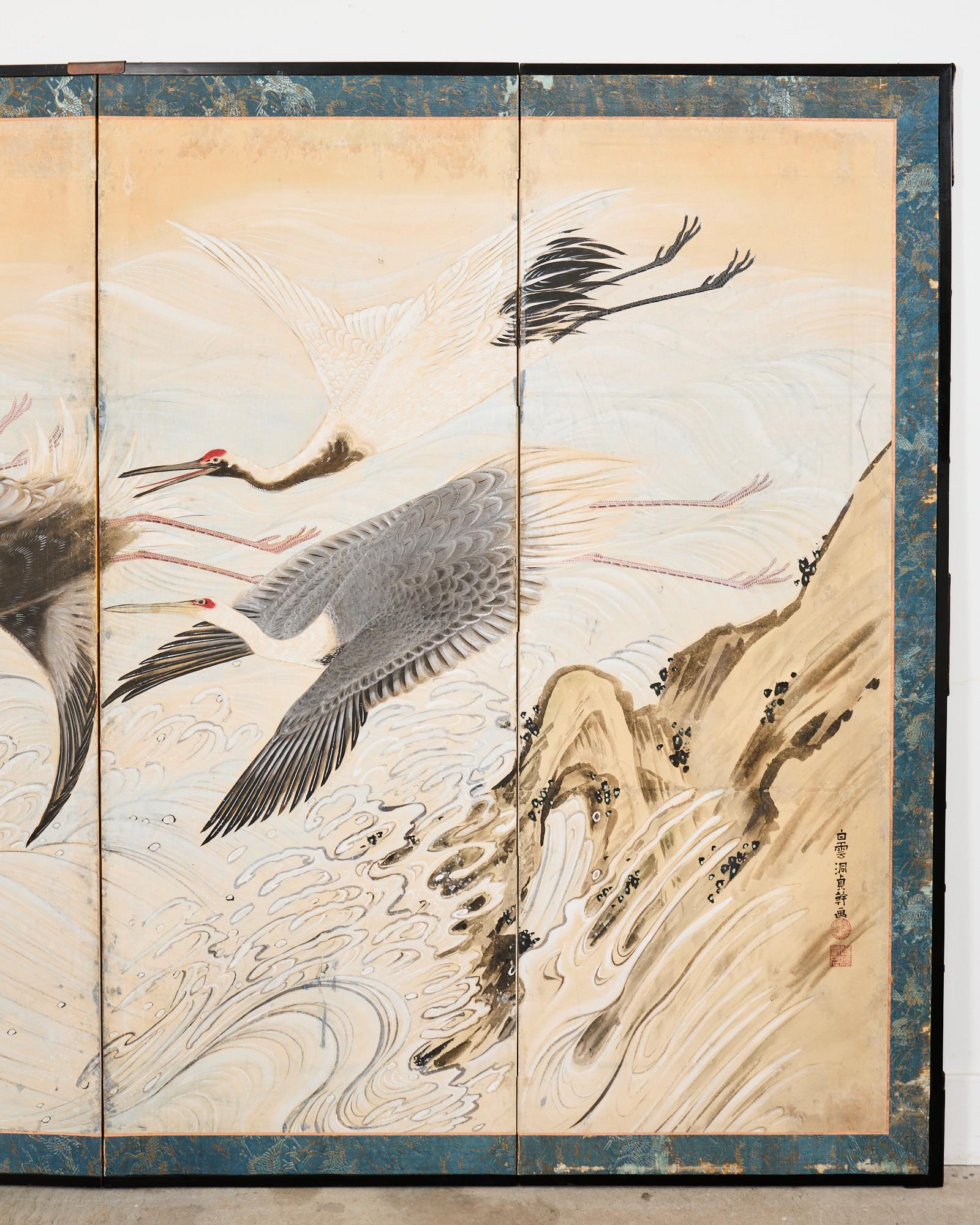 Pair of Japanese Meiji Six Panel Screen Cranes Above Cresting Waves For Sale 10