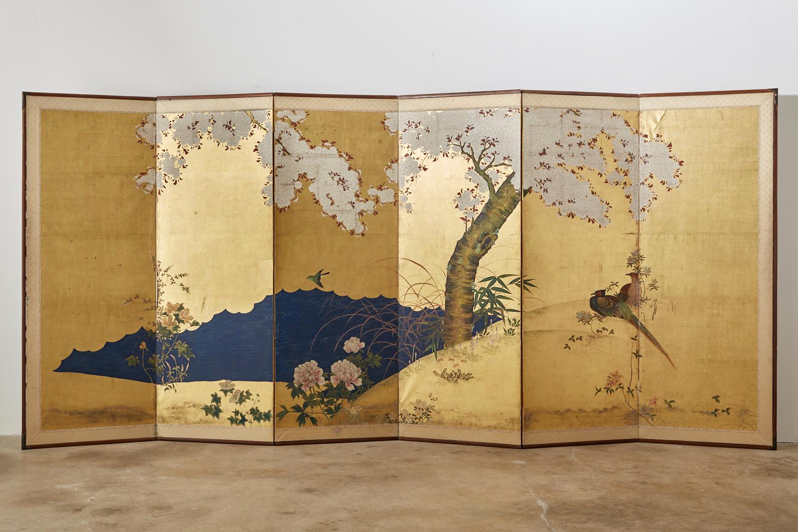 Pair of Japanese Meiji Six Panel Screens of Seasonal Landscapes For Sale 5