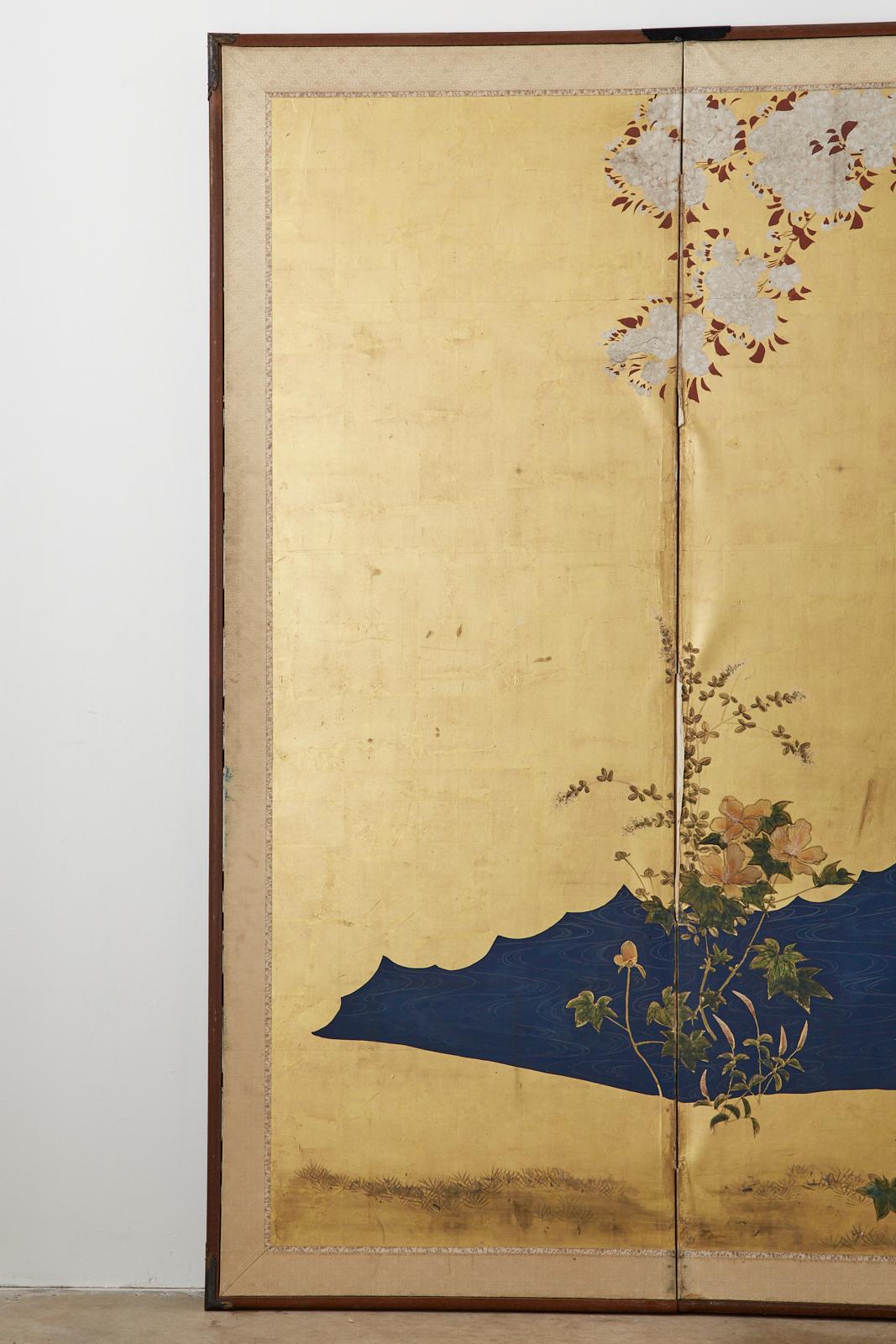 Pair of Japanese Meiji Six Panel Screens of Seasonal Landscapes For Sale 6