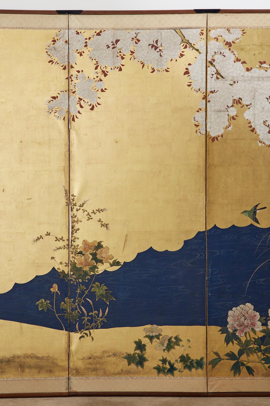 Pair of Japanese Meiji Six Panel Screens of Seasonal Landscapes For Sale 7