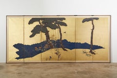 Pair of Japanese Meiji Six Panel Screens of Seasonal Landscapes