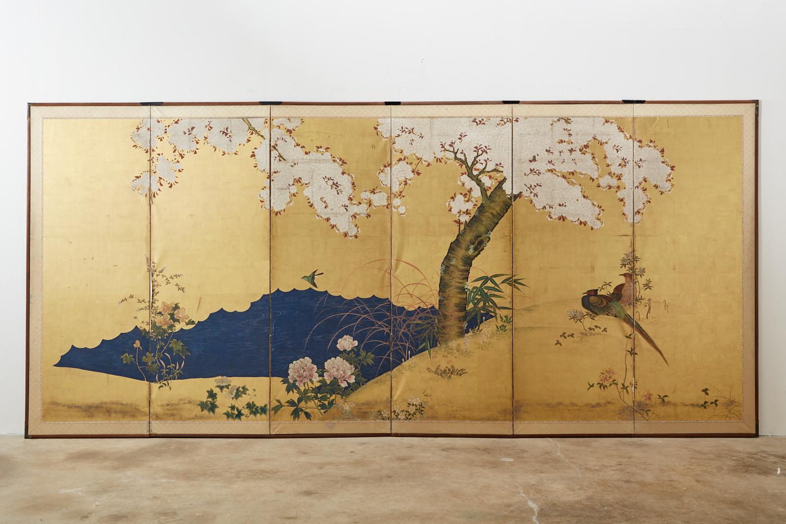 Hand-Crafted Pair of Japanese Meiji Six Panel Screens of Seasonal Landscapes For Sale