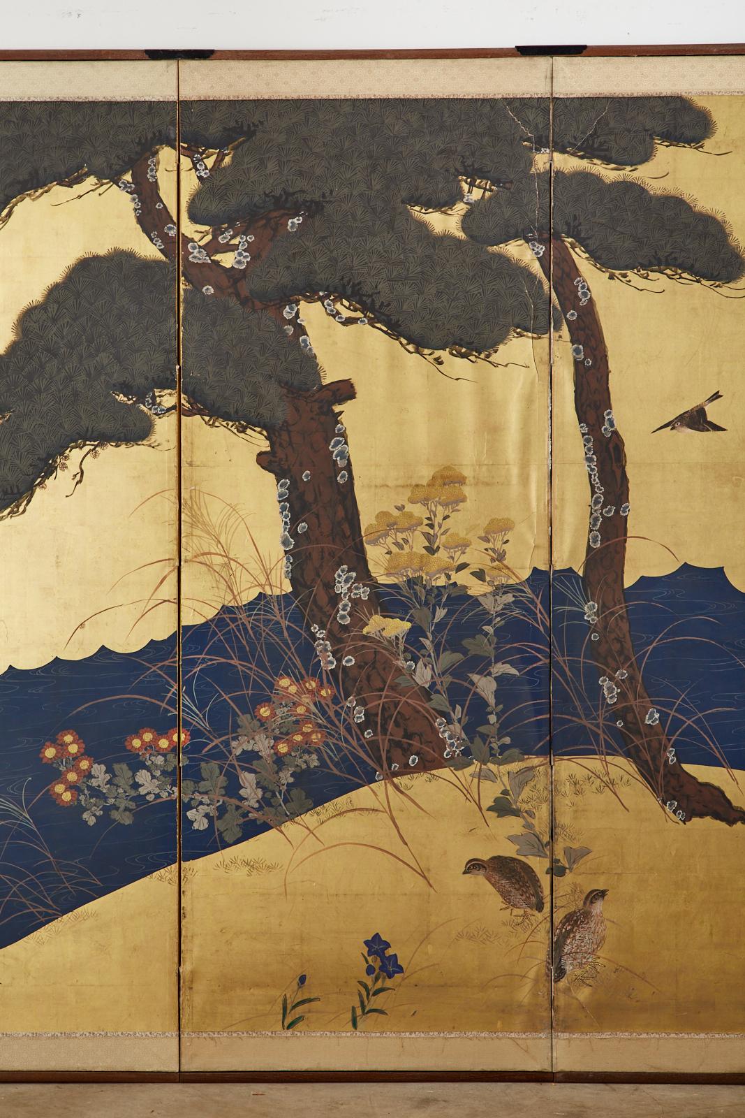 Fait main Paire de paravents Meiji japonais à six panneaux représentant des paysages saisonniers