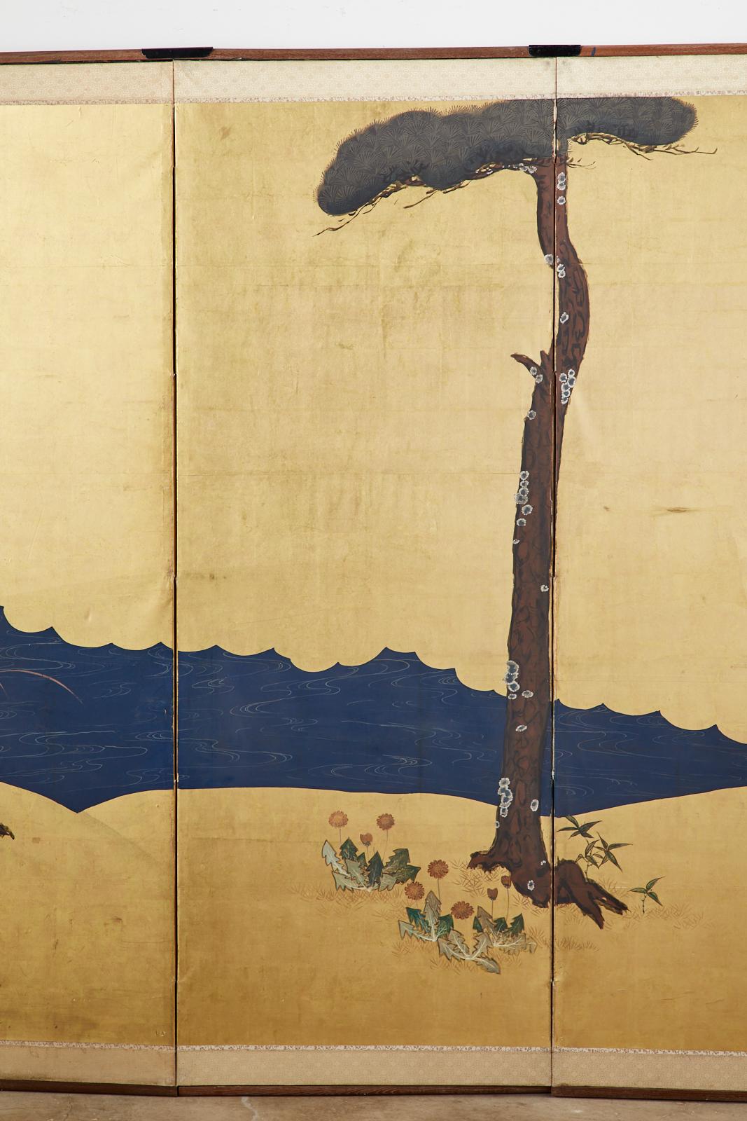 19th Century Pair of Japanese Meiji Six Panel Screens of Seasonal Landscapes For Sale