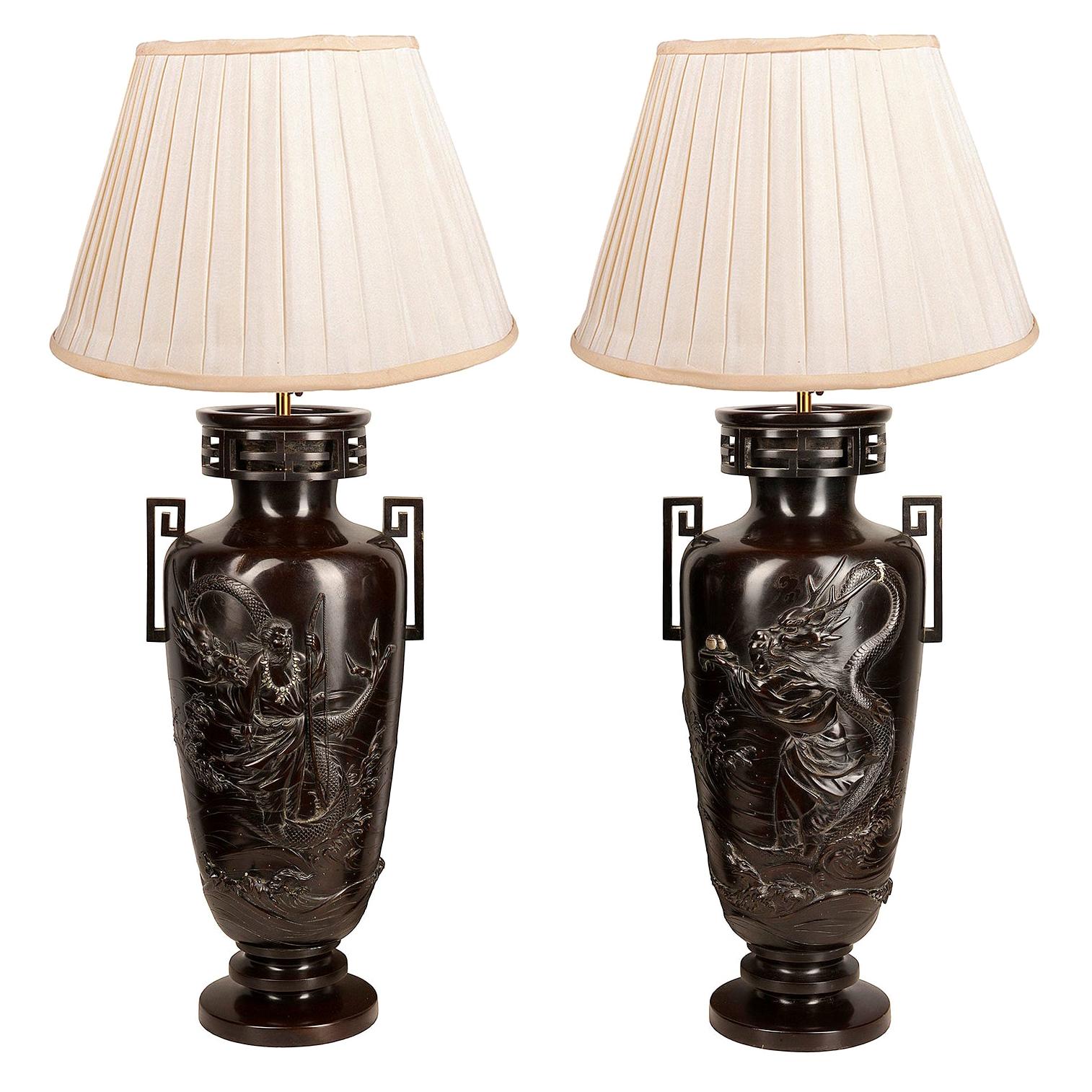 Pair of Japanese Meiji / Taisho Period '1900-1920' Cast Bronze Vases / Lamps For Sale