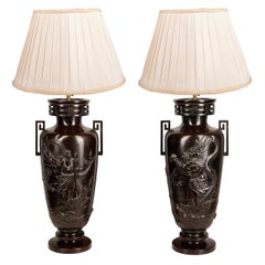 Pair of Japanese Meiji / Taisho Period '1900-1920' Cast Bronze Vases / Lamps