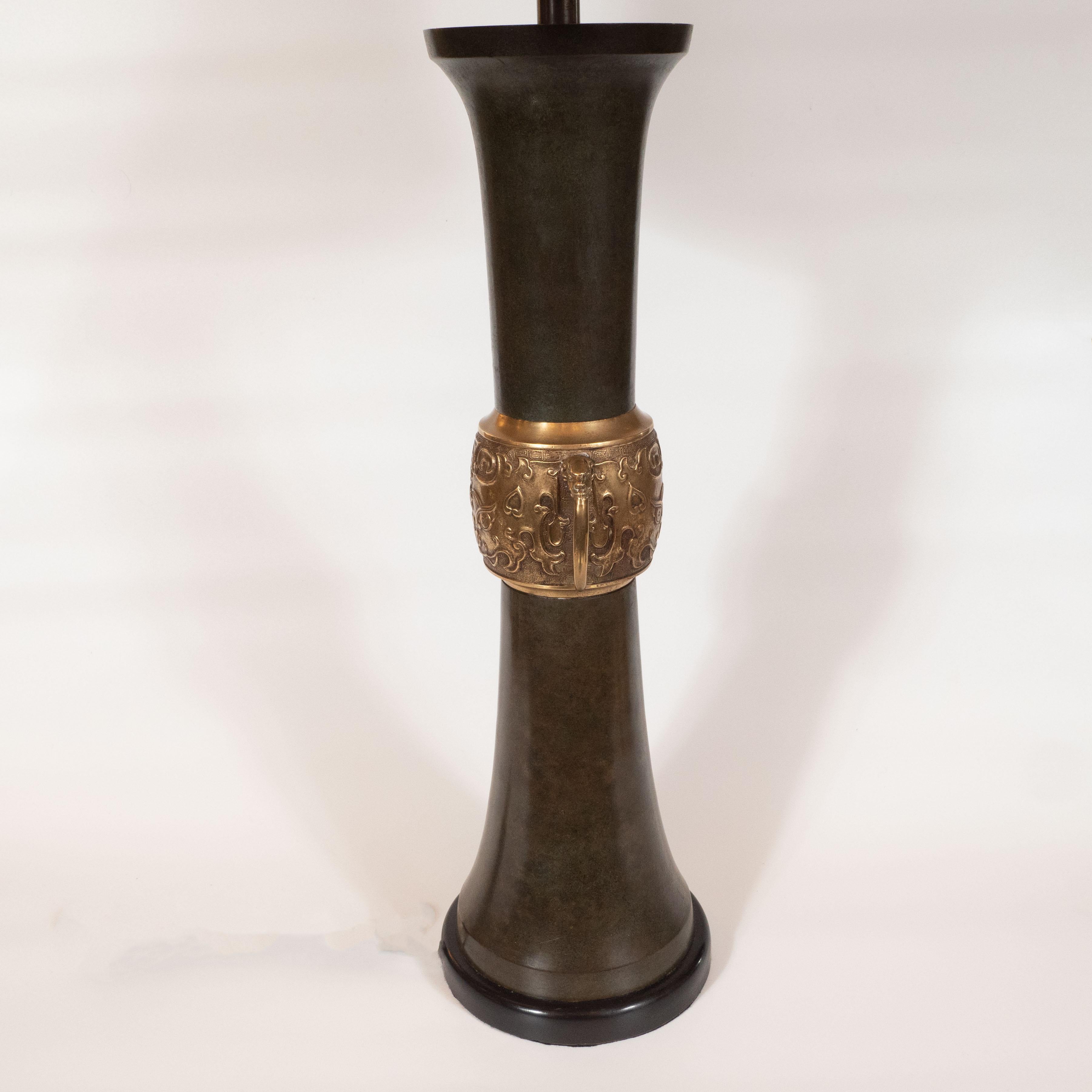Pair of Japanese Mid-Century Modern Polished Bronze and Verdigris Table Lamps 6