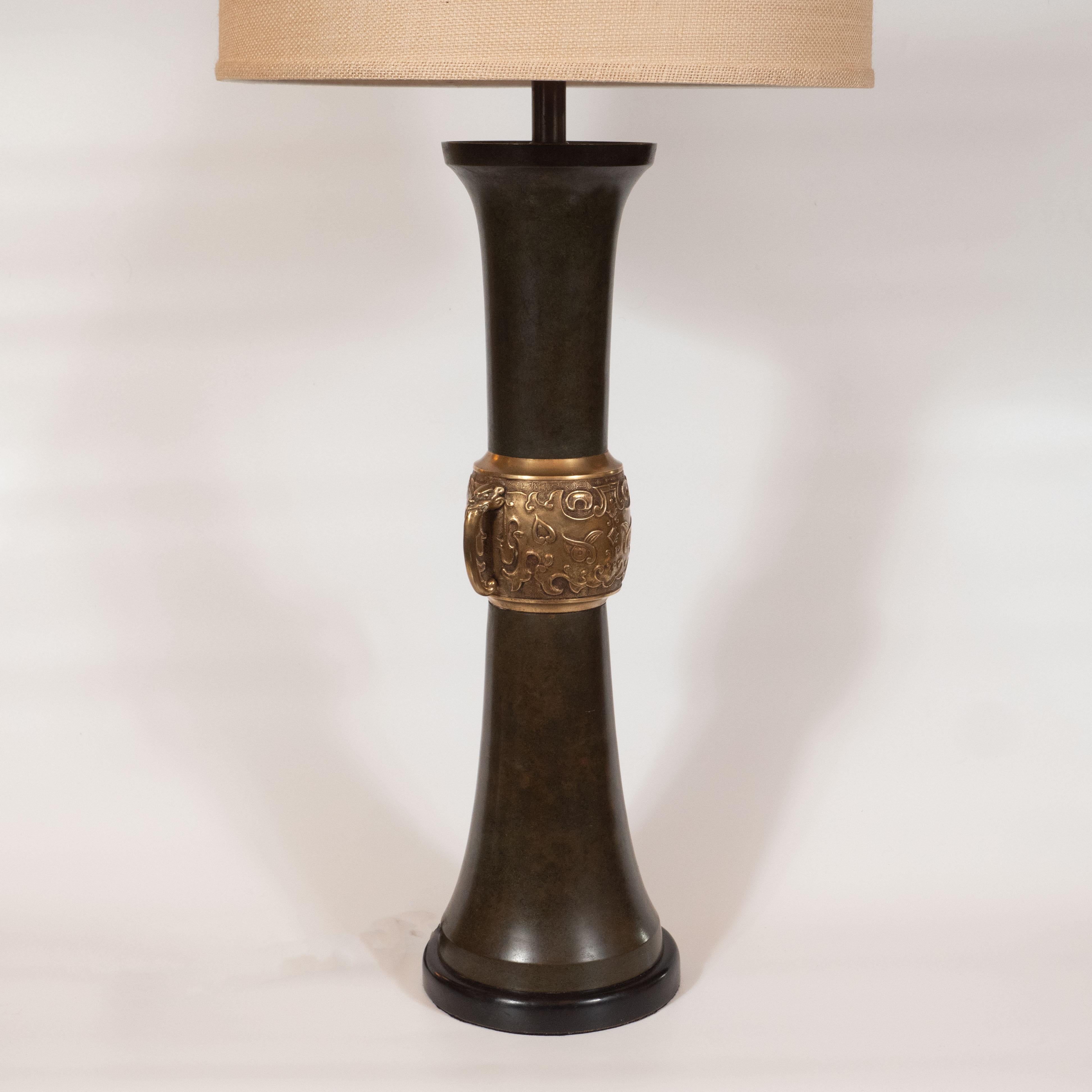 Pair of Japanese Mid-Century Modern Polished Bronze and Verdigris Table Lamps 3