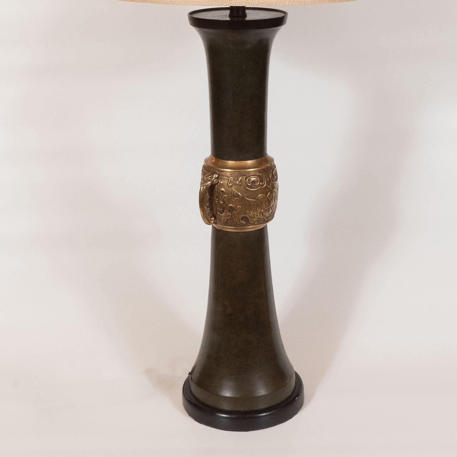 Pair of Japanese Mid-Century Modern Polished Bronze and Verdigris Table Lamps 5