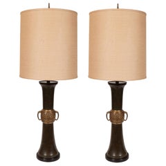 Vintage Pair of Japanese Mid-Century Modern Polished Bronze and Verdigris Table Lamps