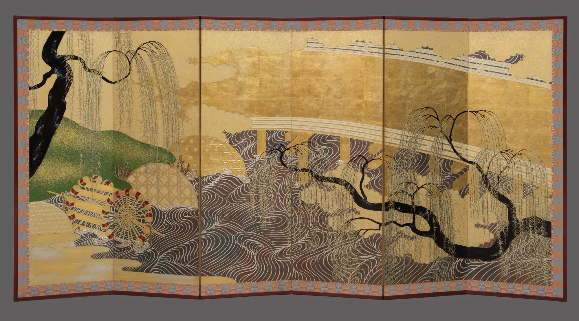A pair of exceptional high quality medium-size six-panel byôbu (room divider) with an outstanding continuous painting on gold leaf of a bridge crossing the Uji river in southeast Kyôto with a waterwheel turning next to it and surrounded by willows