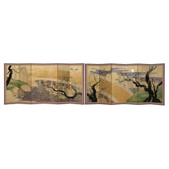 Pair of Japanese Mid-Size 6-Panel Byôbu with a Bridge Crossing the Uji River 宇治川