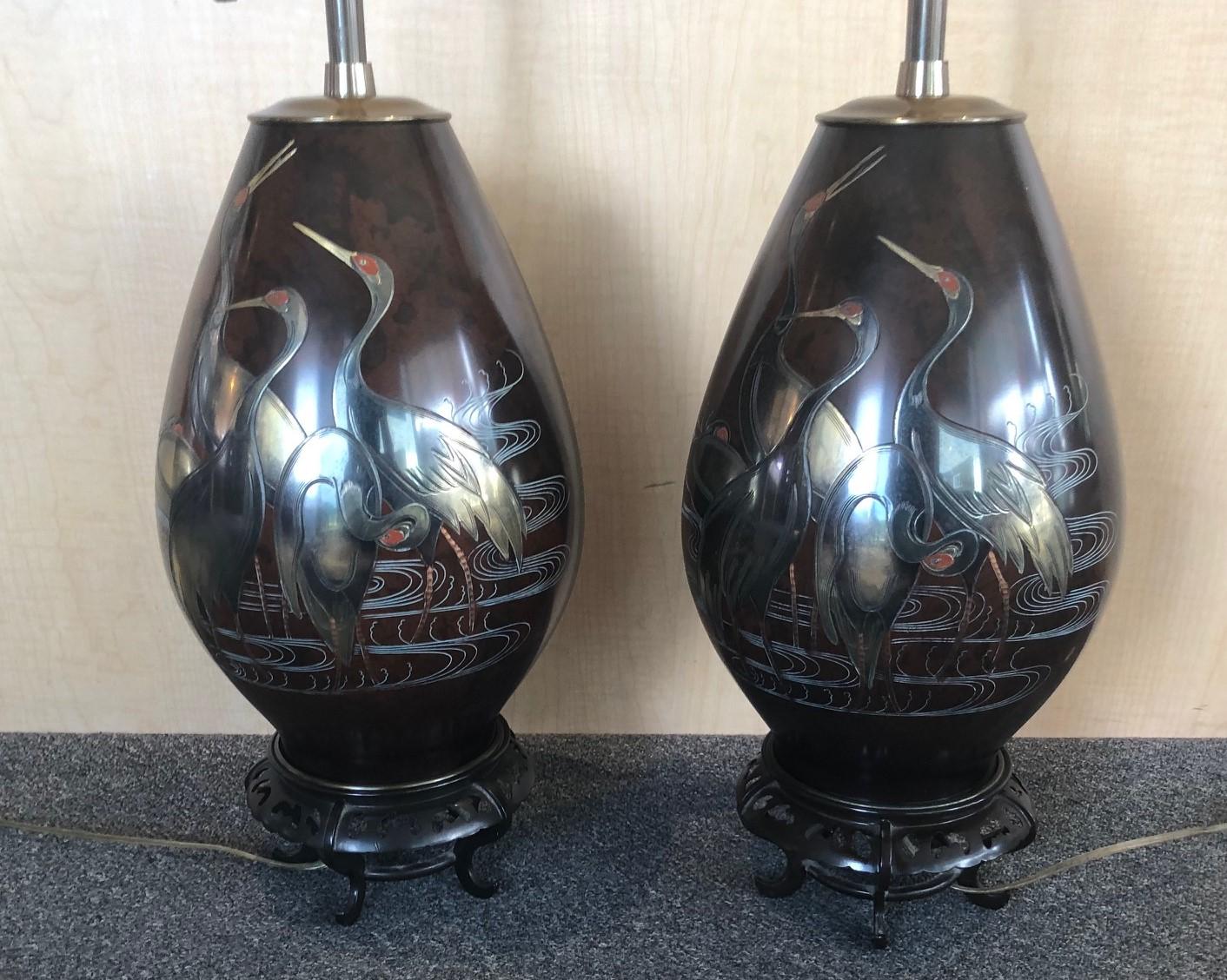 American Pair of Japanese Mixed Metal Table Lamps by Marbro Lamp Company