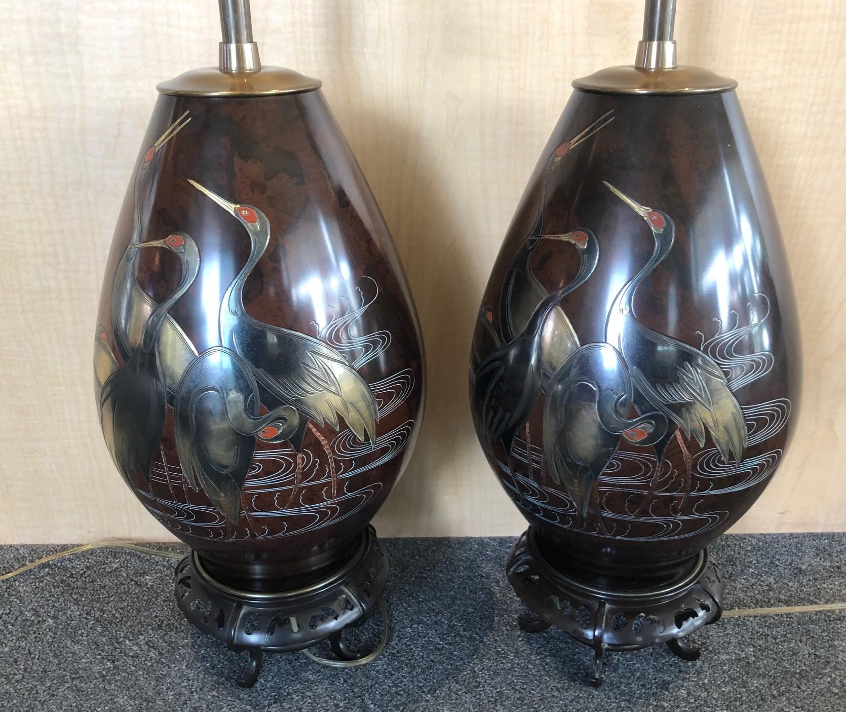 Pair of Japanese Mixed Metal Table Lamps by Marbro Lamp Company In Good Condition In San Diego, CA