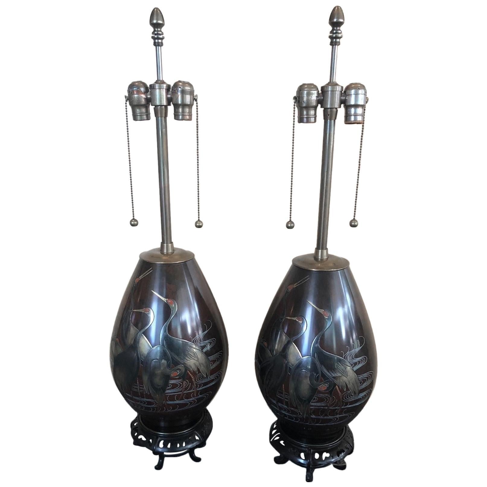 Pair of Japanese Mixed Metal Table Lamps by Marbro Lamp Company