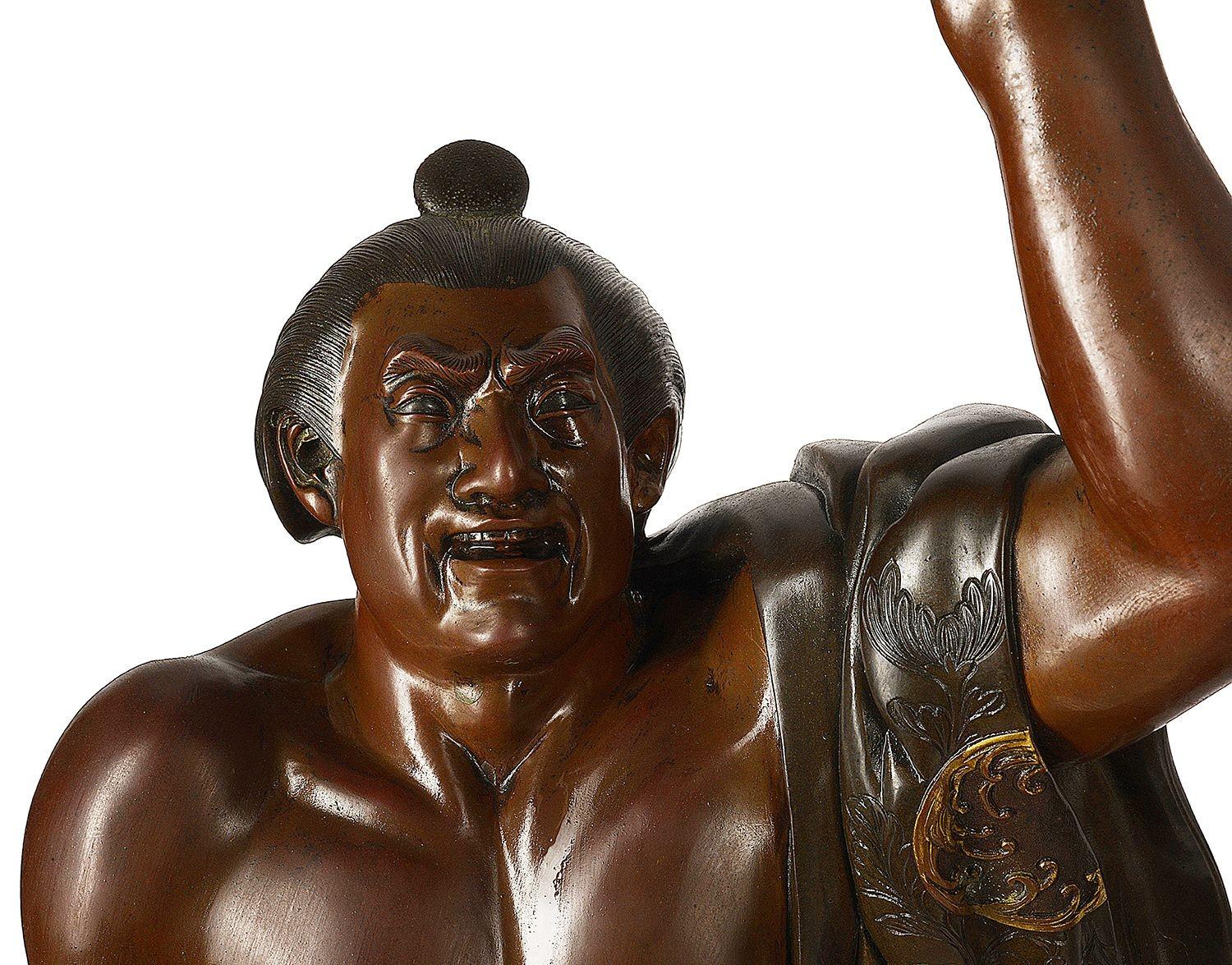 Pair of Japanese Miyao Bronze + Gilded Sumo Wrestlers, 19th Century For Sale 8