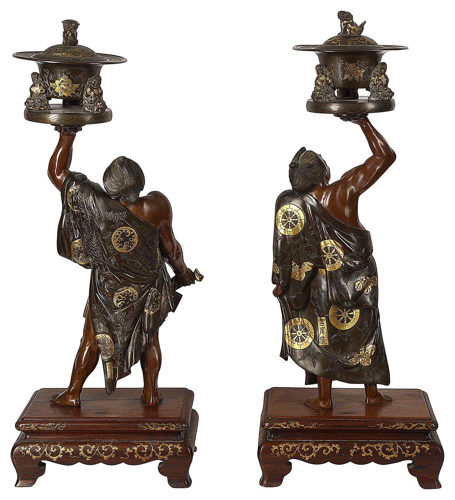 Patinated Pair of Japanese Miyao Bronze + Gilded Sumo Wrestlers, 19th Century
