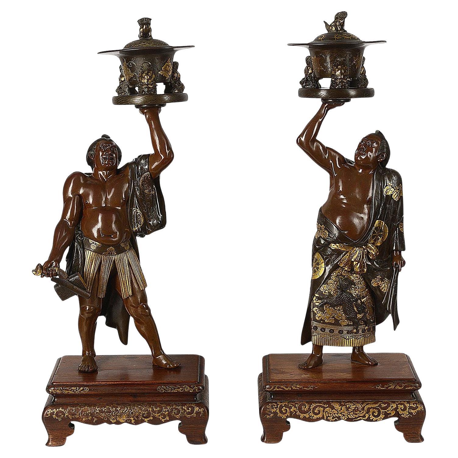 Pair of Japanese Miyao Bronze + Gilded Sumo Wrestlers, 19th Century For Sale