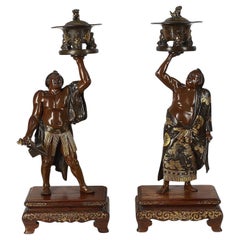 Pair of Japanese Miyao Bronze + Gilded Sumo Wrestlers, 19th Century