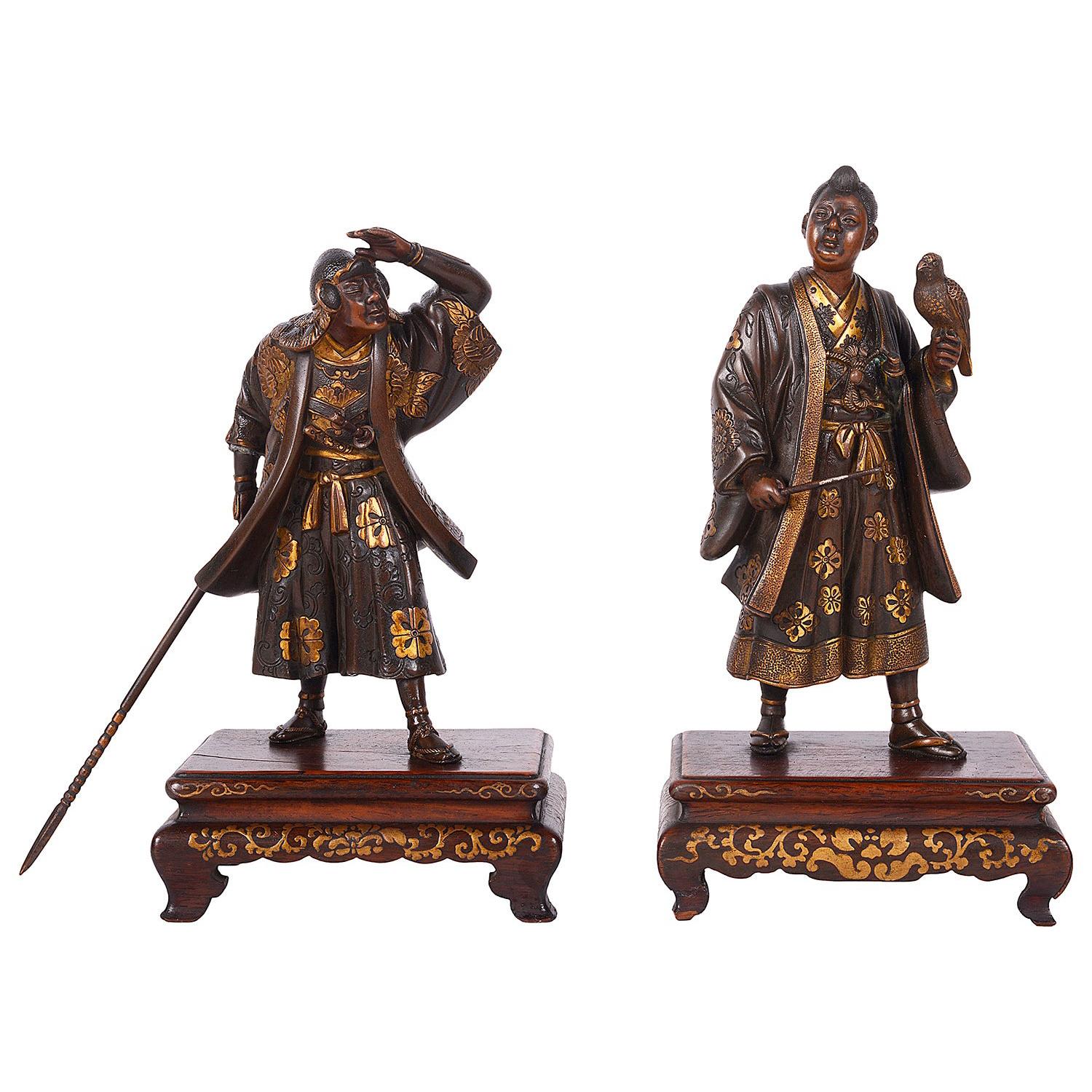 Pair of Japanese Miyao Bronze Statues, Meiji Period For Sale