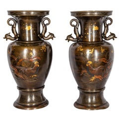 Pair of Japanese Miyao Style Bronze Engraved Vases, Late 19th Century