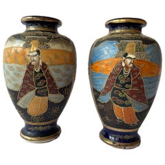 Pair of Japanese Moriage Satsuma Vases with Gold Gilding Circa 1930-1940
