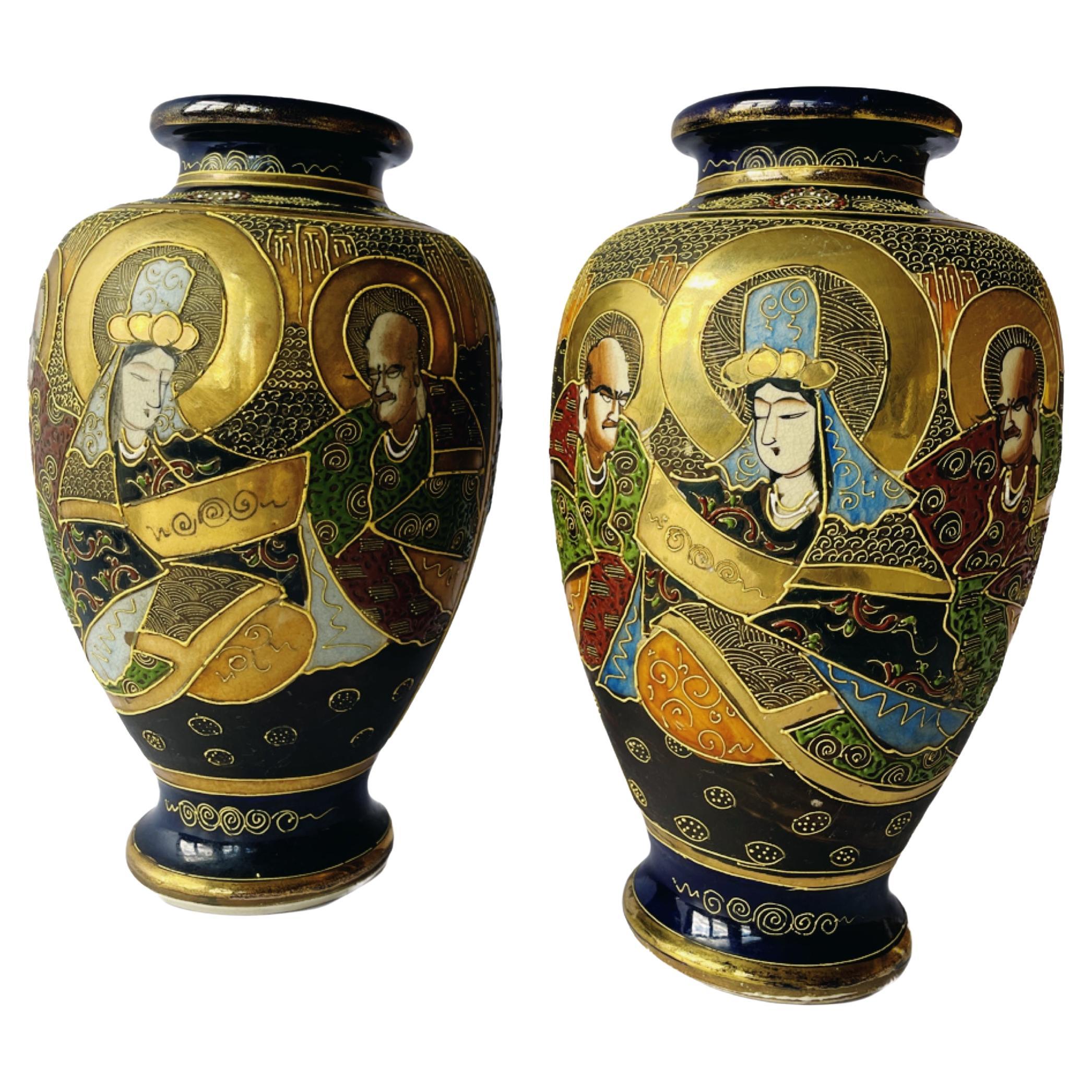 Pair of Japanese Moriage Satsuma Vases with Gold Gilding Circa 1930-1940 For Sale