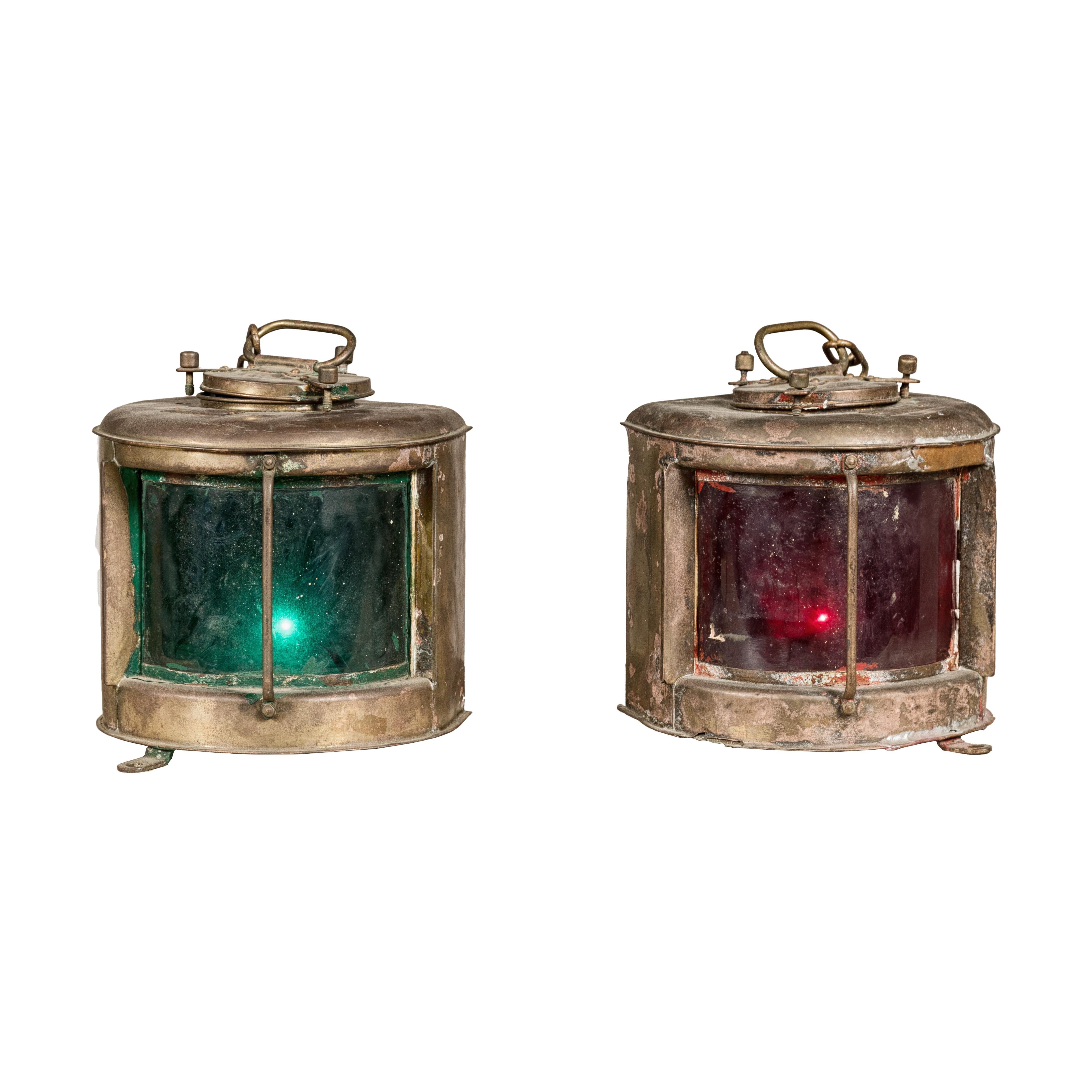 Pair of Japanese Nippon Sento Ship Lanterns with Green and Red Glass, Unwired For Sale 8