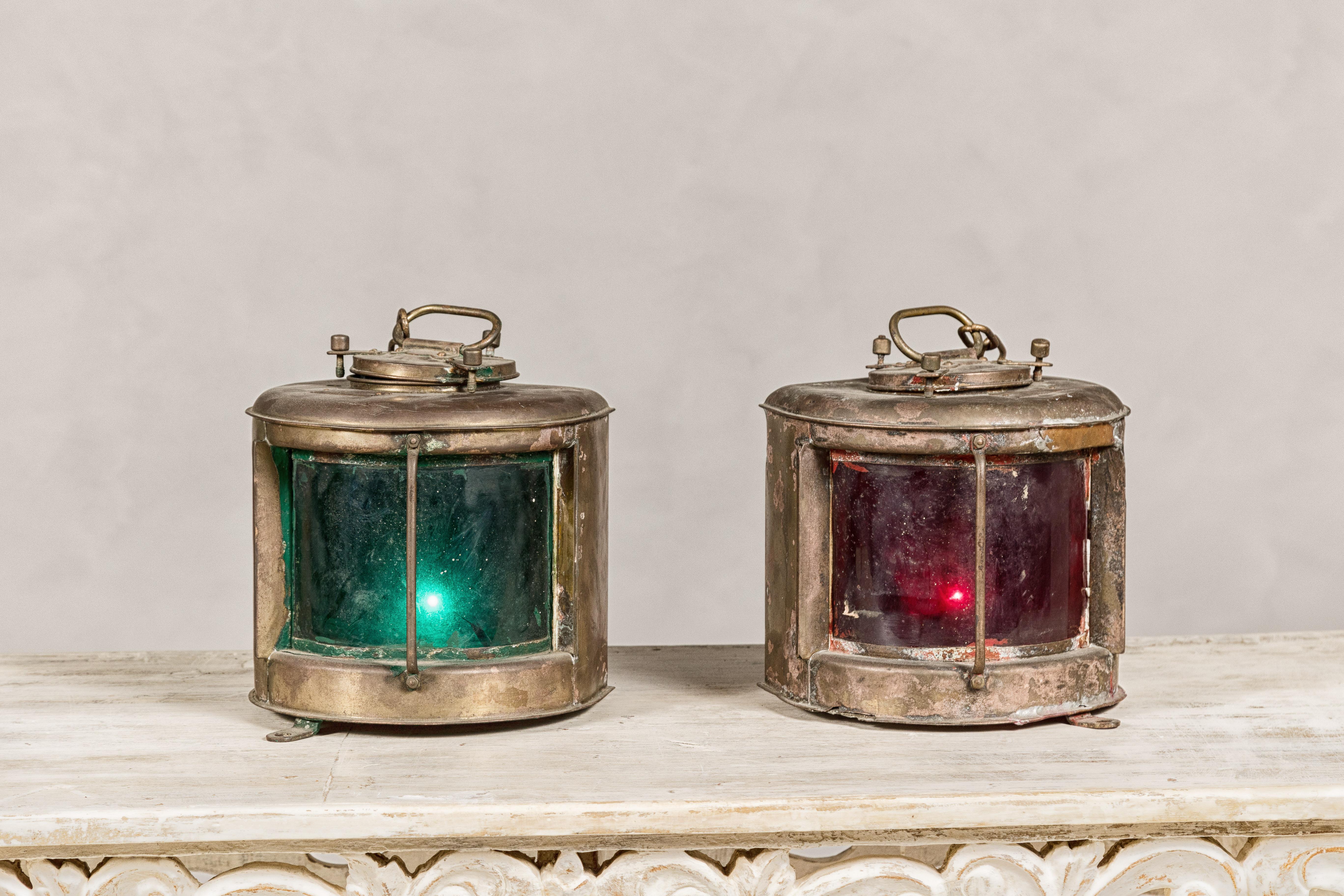 Pair of Japanese Nippon Sento Ship Lanterns with Green and Red Glass, Unwired In Good Condition For Sale In Yonkers, NY