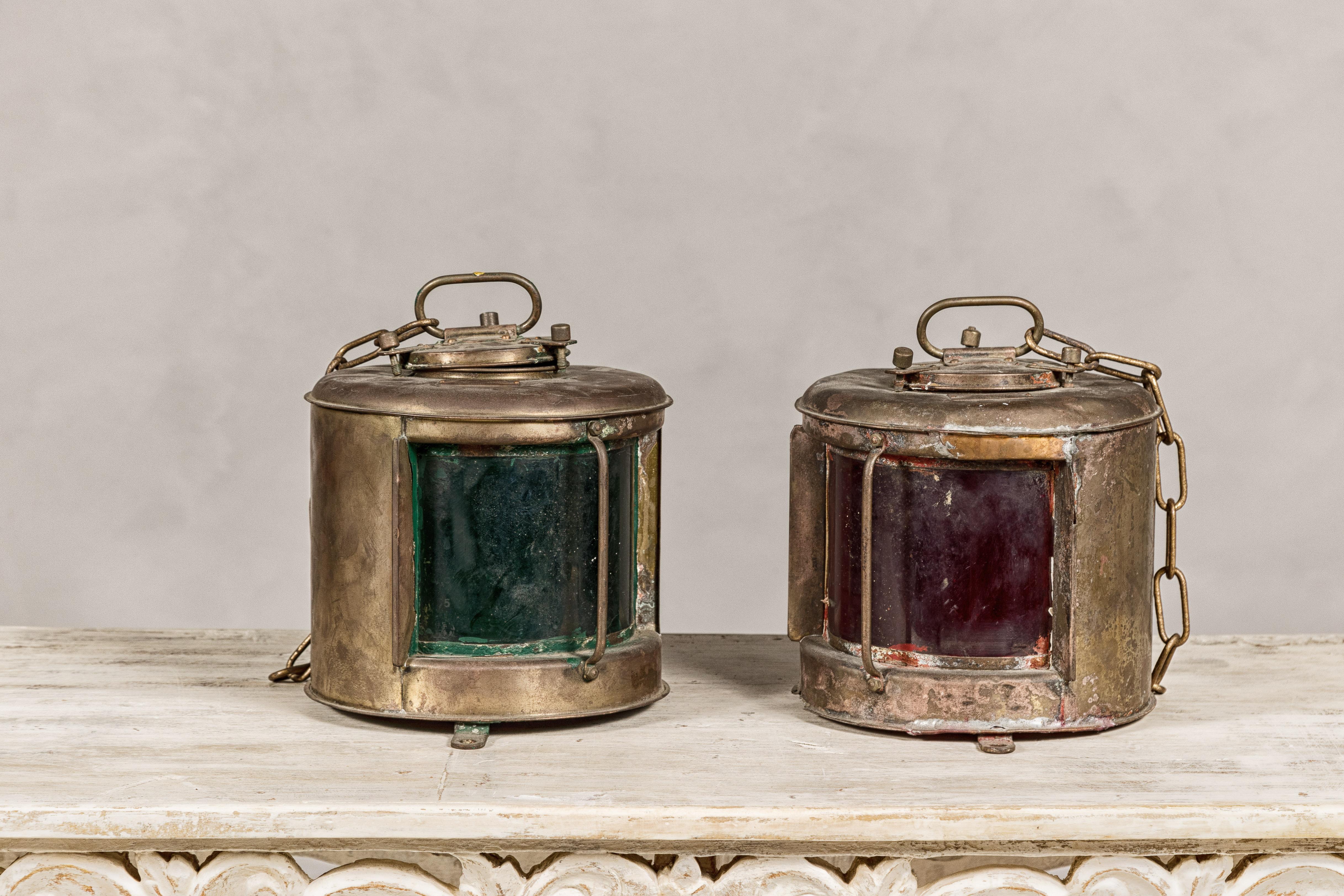20th Century Pair of Japanese Nippon Sento Ship Lanterns with Green and Red Glass, Unwired For Sale