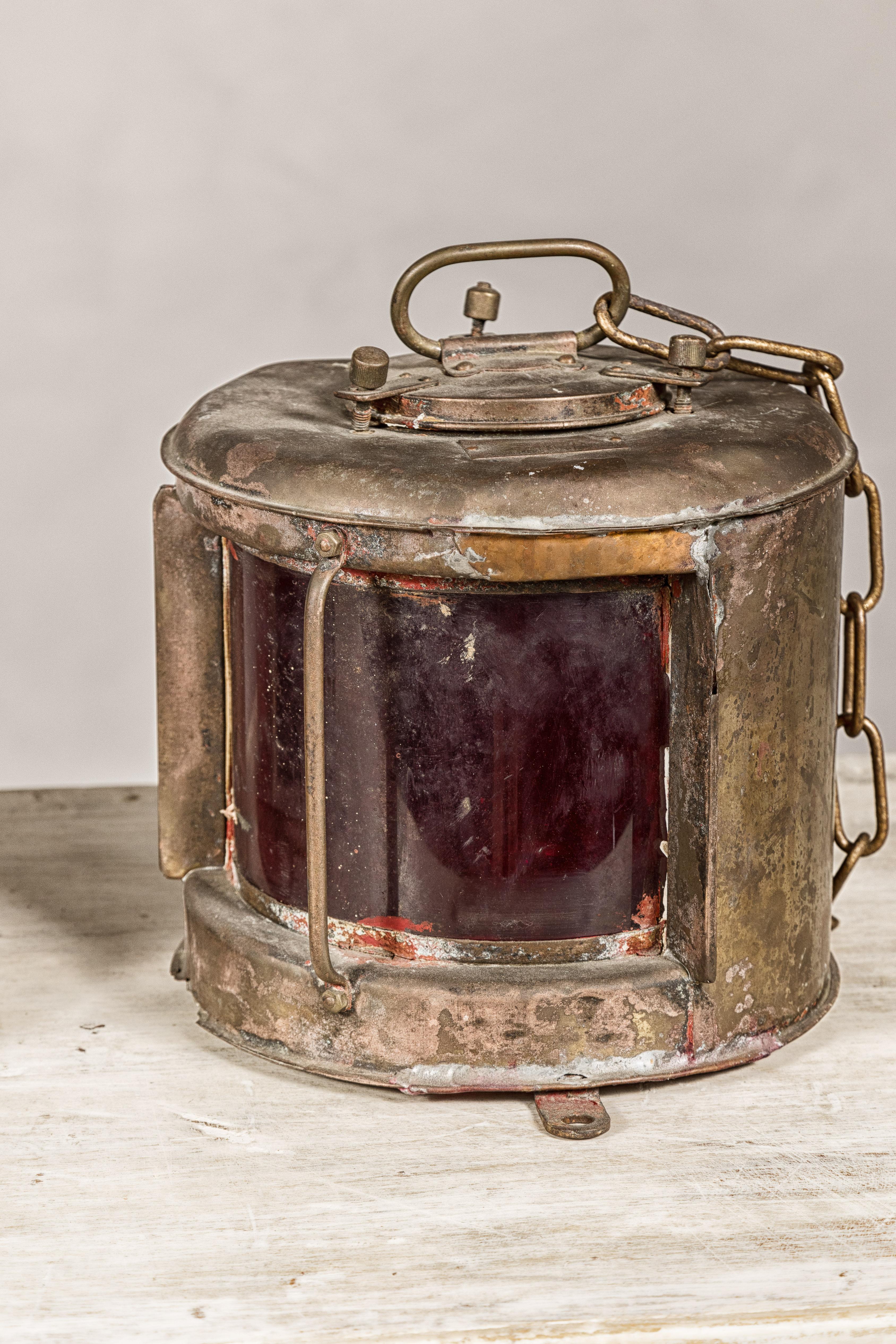 Pair of Japanese Nippon Sento Ship Lanterns with Green and Red Glass, Unwired For Sale 1