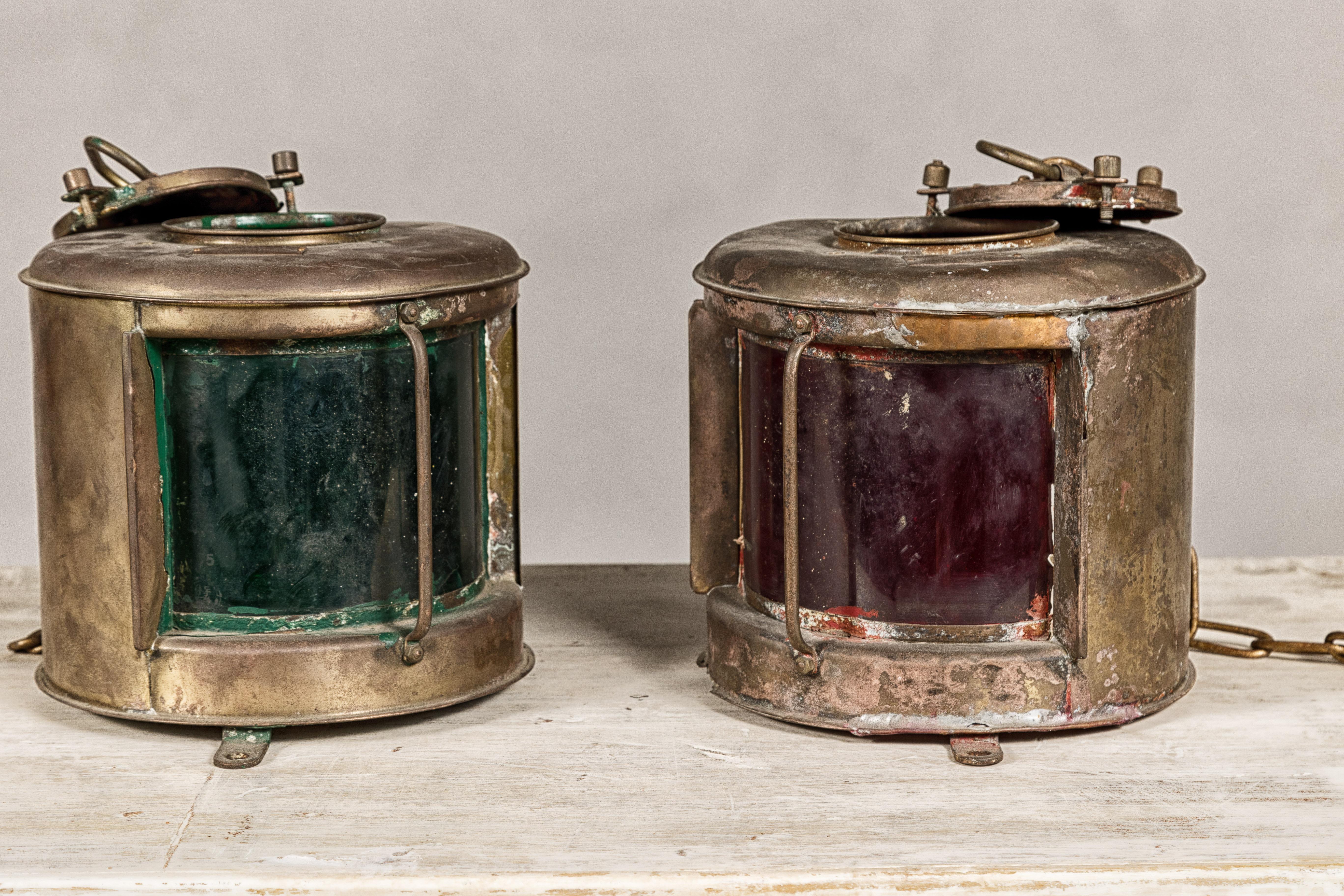 Pair of Japanese Nippon Sento Ship Lanterns with Green and Red Glass, Unwired For Sale 2