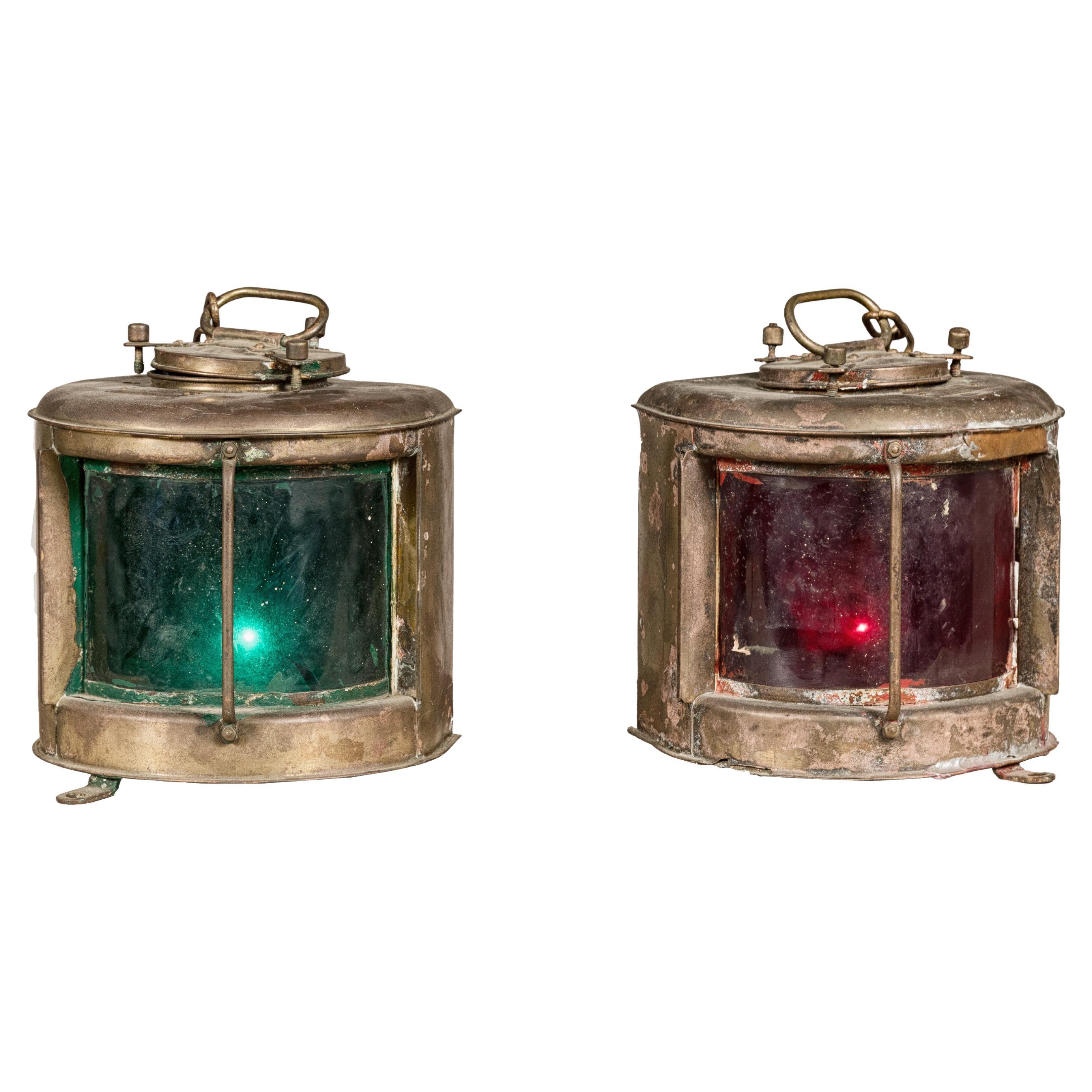 Pair of Japanese Nippon Sento Ship Lanterns with Green and Red Glass, Unwired For Sale