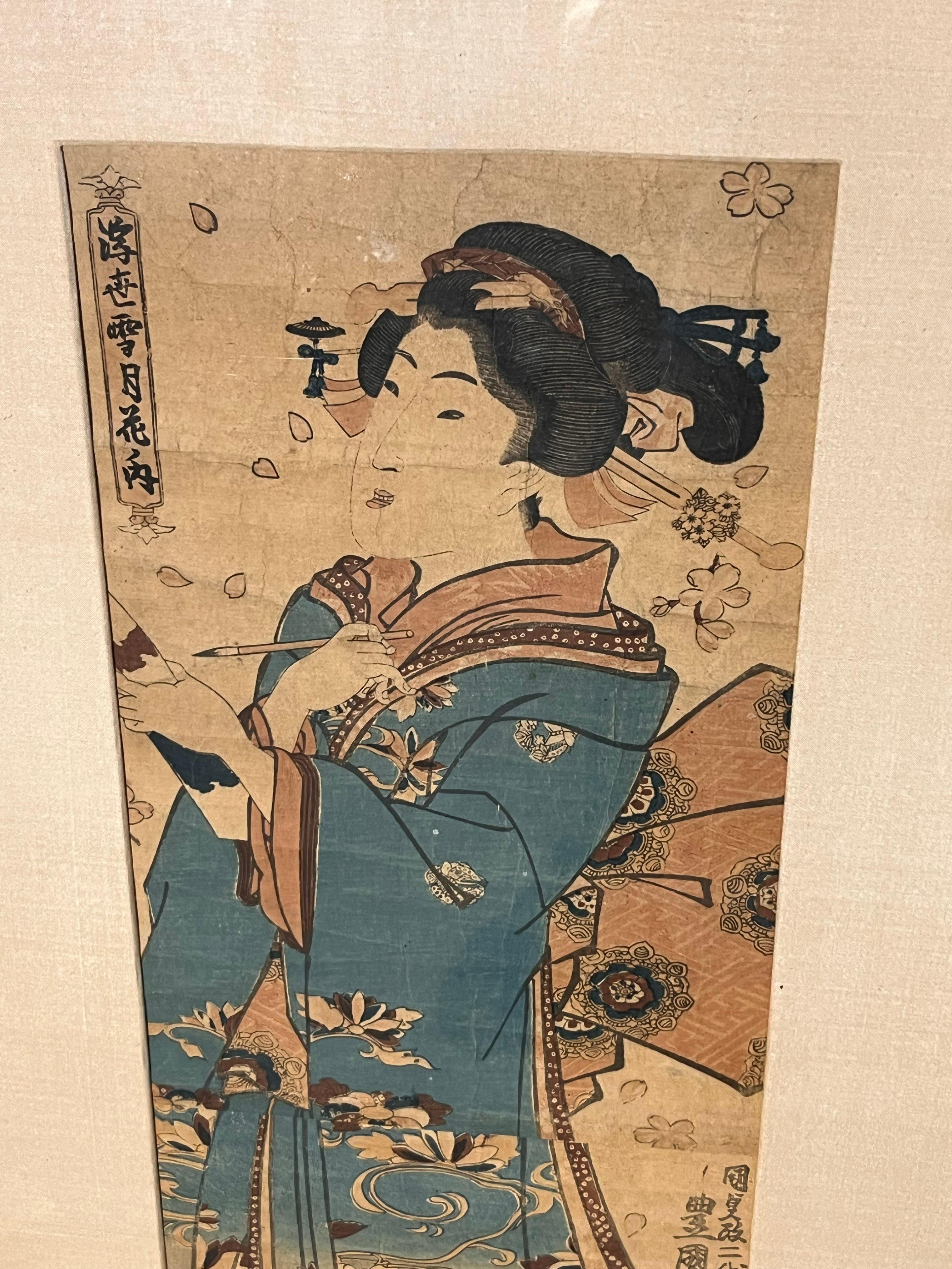 Pair of Japanese pieces XIX century Utagawa Toyokuni 
Two bijin-ga prints  Kakémono sized
Nishiki-e ink and colors on paper
Circa 1840 
Framed .