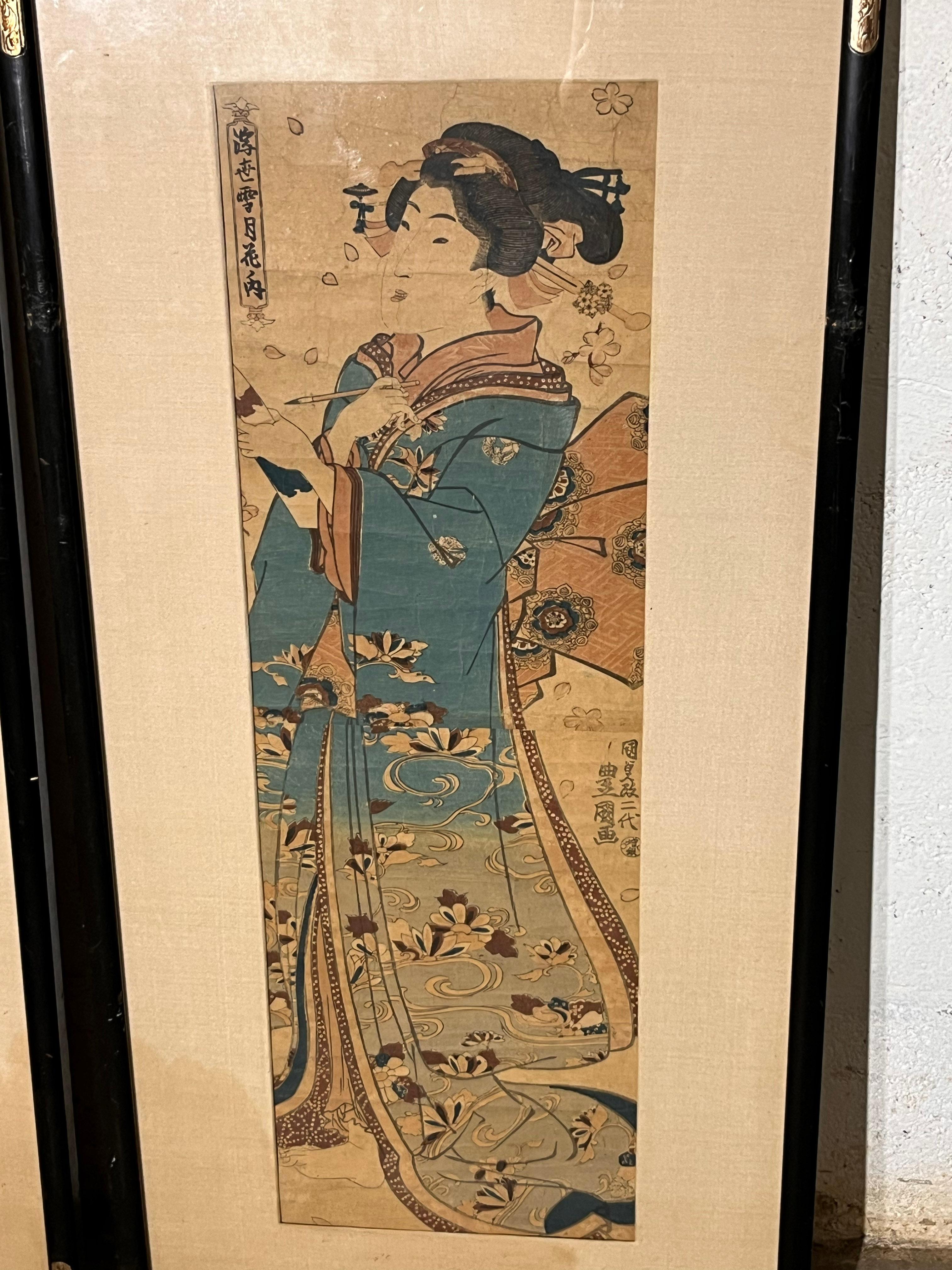 Paar japanische Tafeln aus dem XIX. Jahrhundert, Utagawa Toyokuni (Japanlack) im Angebot